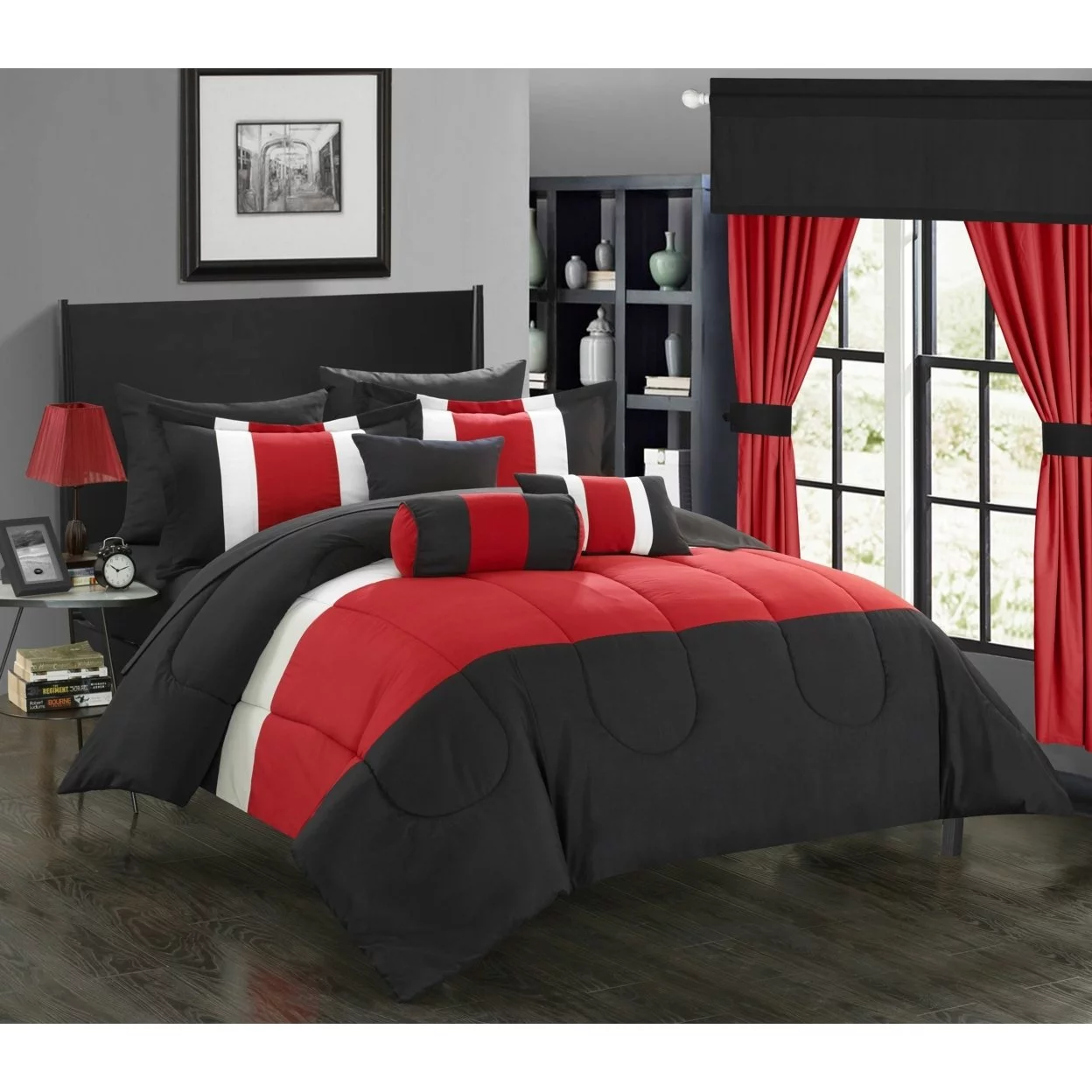 Chic Home 20 Piece Wanstead Complete pieced color block bedding, sheets, window panel collection Bed In a Bag Comforter