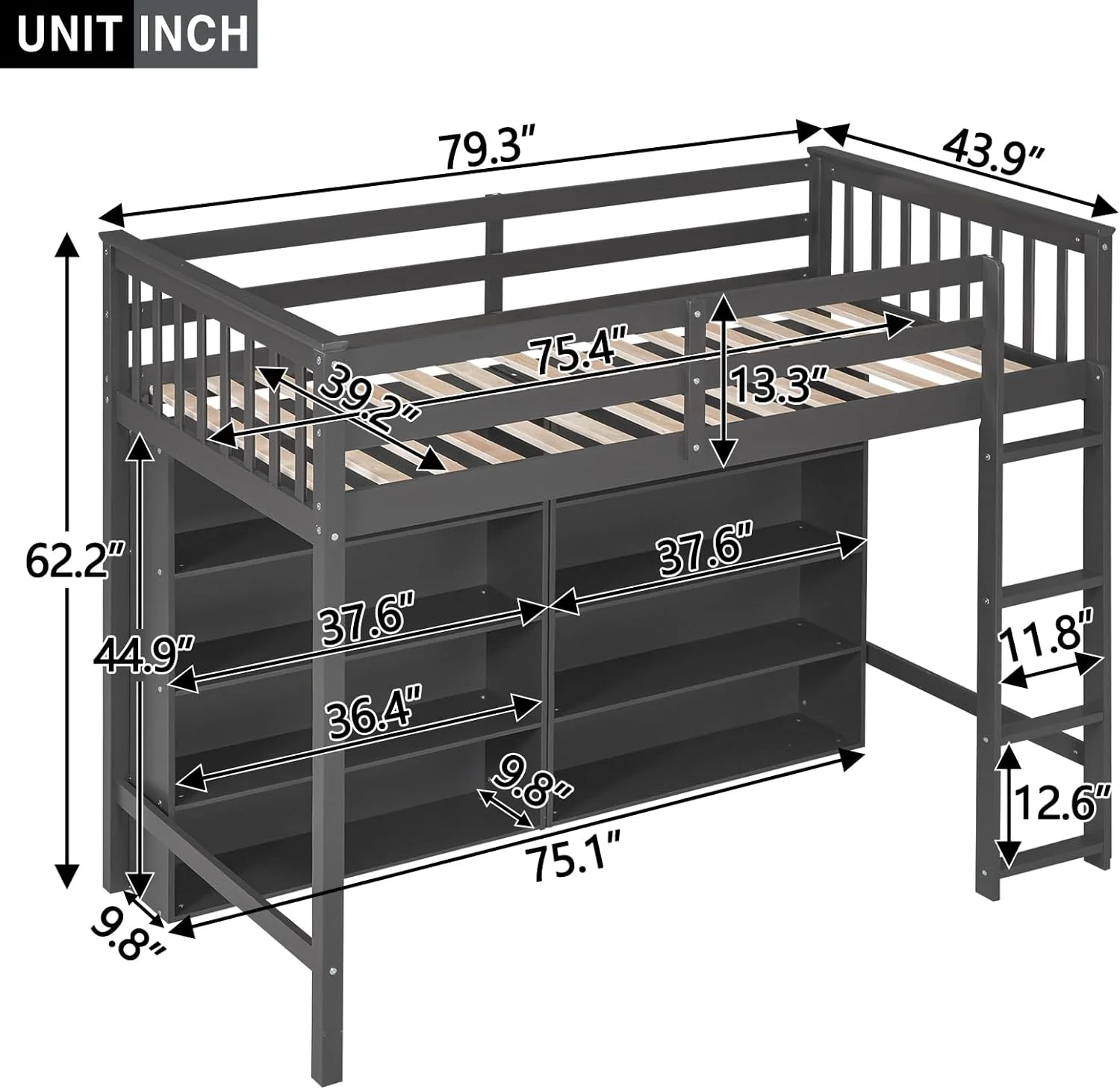 Lof Bed Wih Sorage Shelves, Size Lof Beds Frame Wih Bookcase, Wood High Lof Bed Wih Ladder For Kids Boys Girls ees, Gray