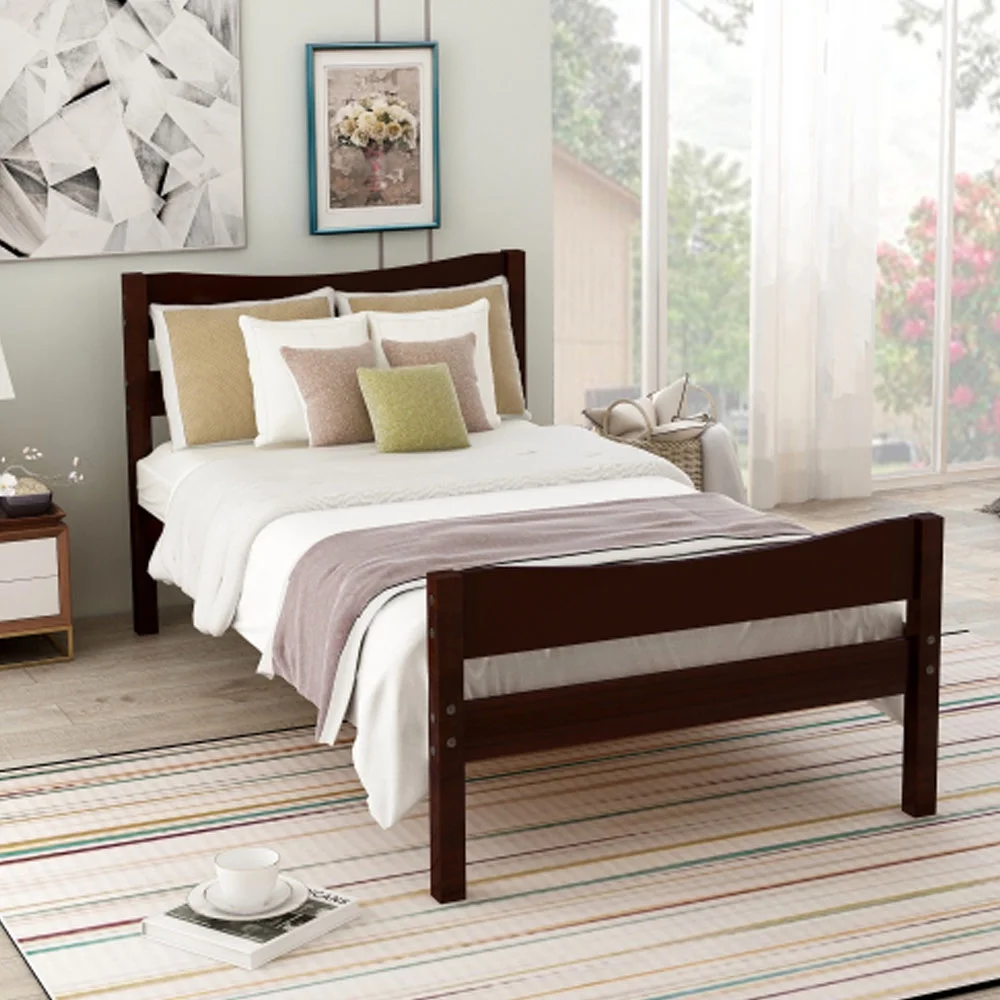 Twin Size Wood Platform Bed with Headboard and Wooden Slat Support - Espresso