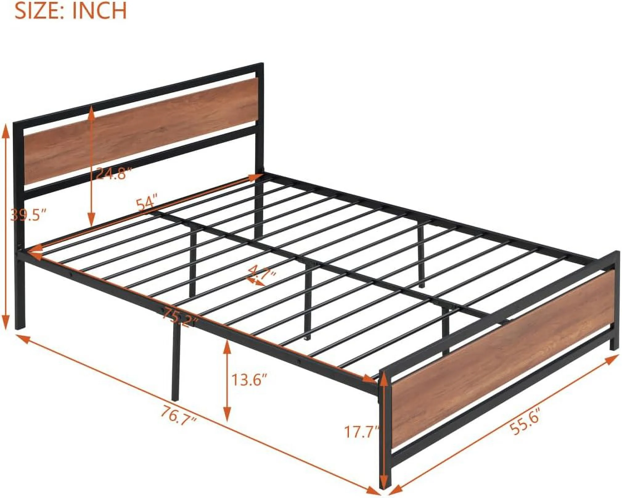 Full Size Bed Frame, Industrial Metal & Wood Platform Bed with Headboard and Footboard, Platform Bed with Under-Bed Storage and Metal Slats Support, Noise-Free, No Box Spring Needed,