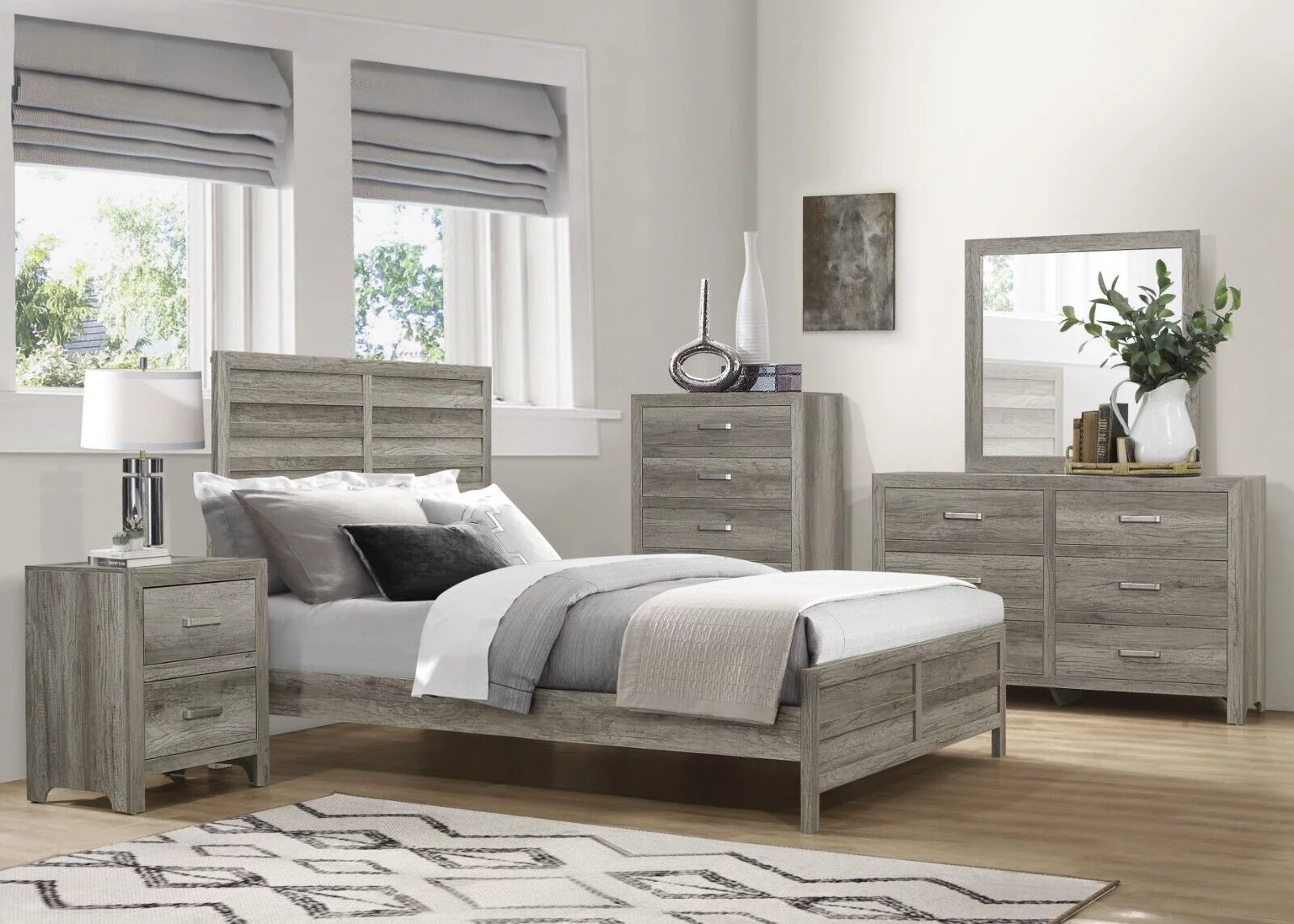 Gray Finish Modern Bedroom 5pc Set Queen Size Panel Bed Nightstand Dresser Chest Mirror Transitional Rustic Style