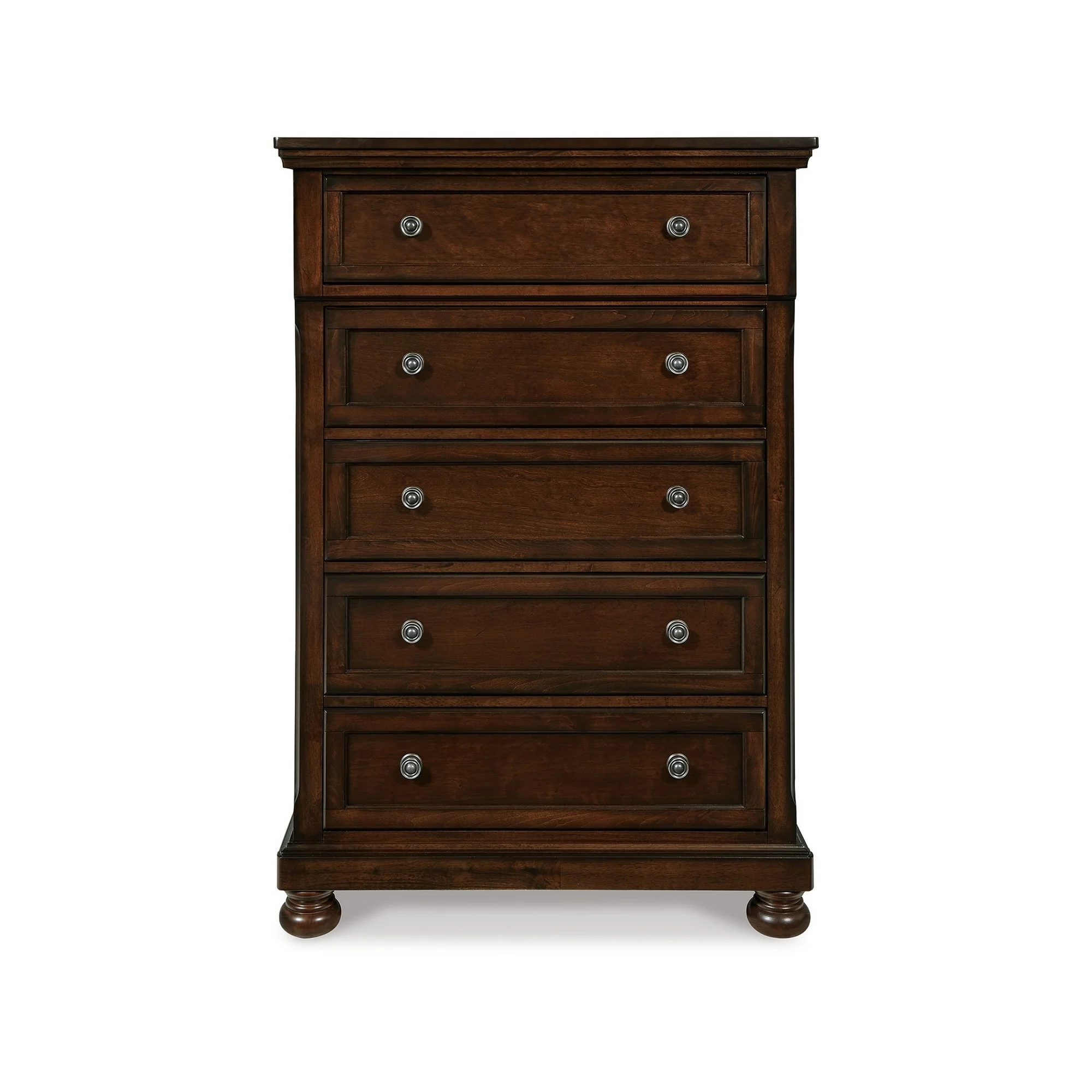 Benjara  58 in. Fray 5 Drawer Classic Wood, Bun Feet Tall Dresser Chest, Brown