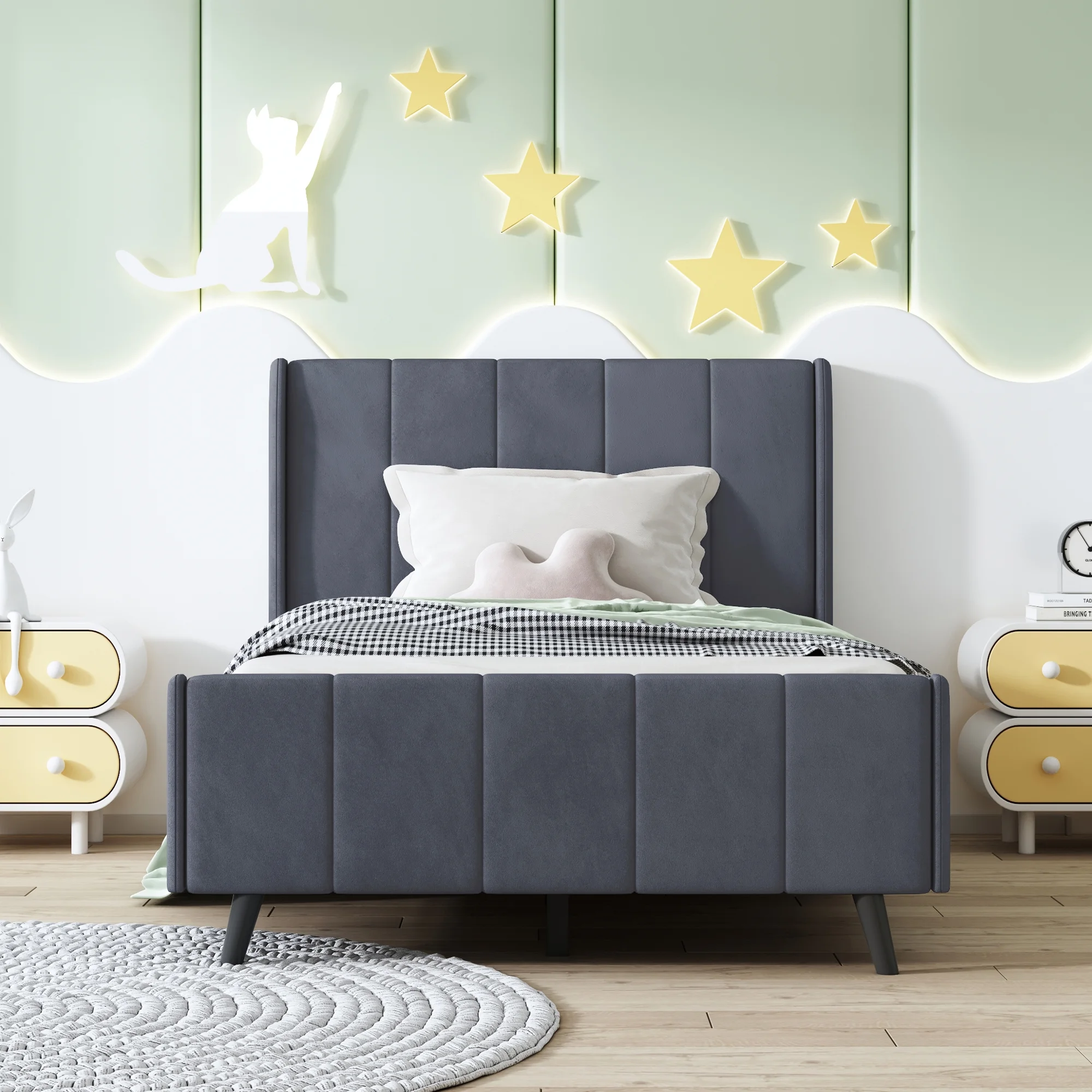 Churanty Twin Size Upholstered Platform Bed, Velvet, Gray