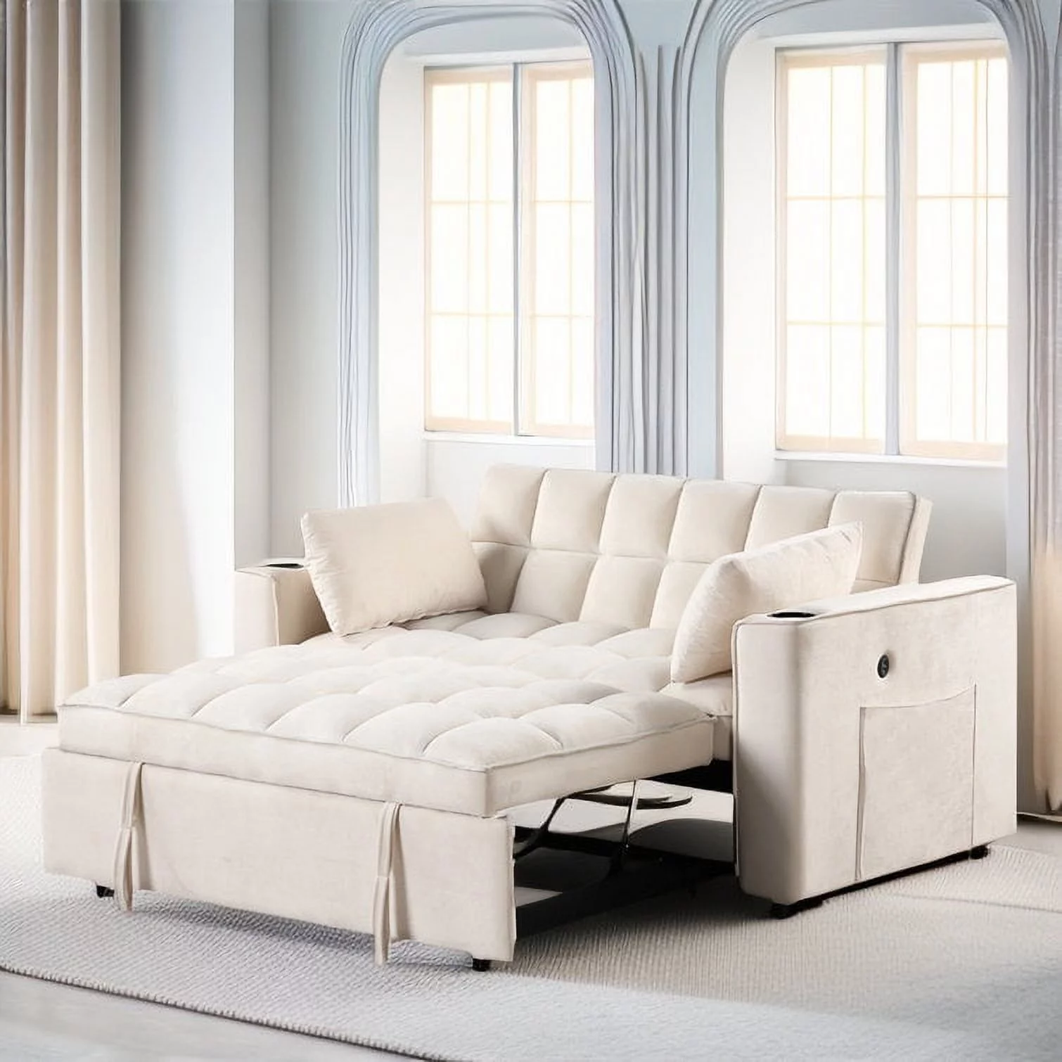 Euroco 4 in 1 Multi-functional Sofa Bed 55 inch Convertible Sofa Bed with Cup Holder and USB Port for Living Room Apartments, White