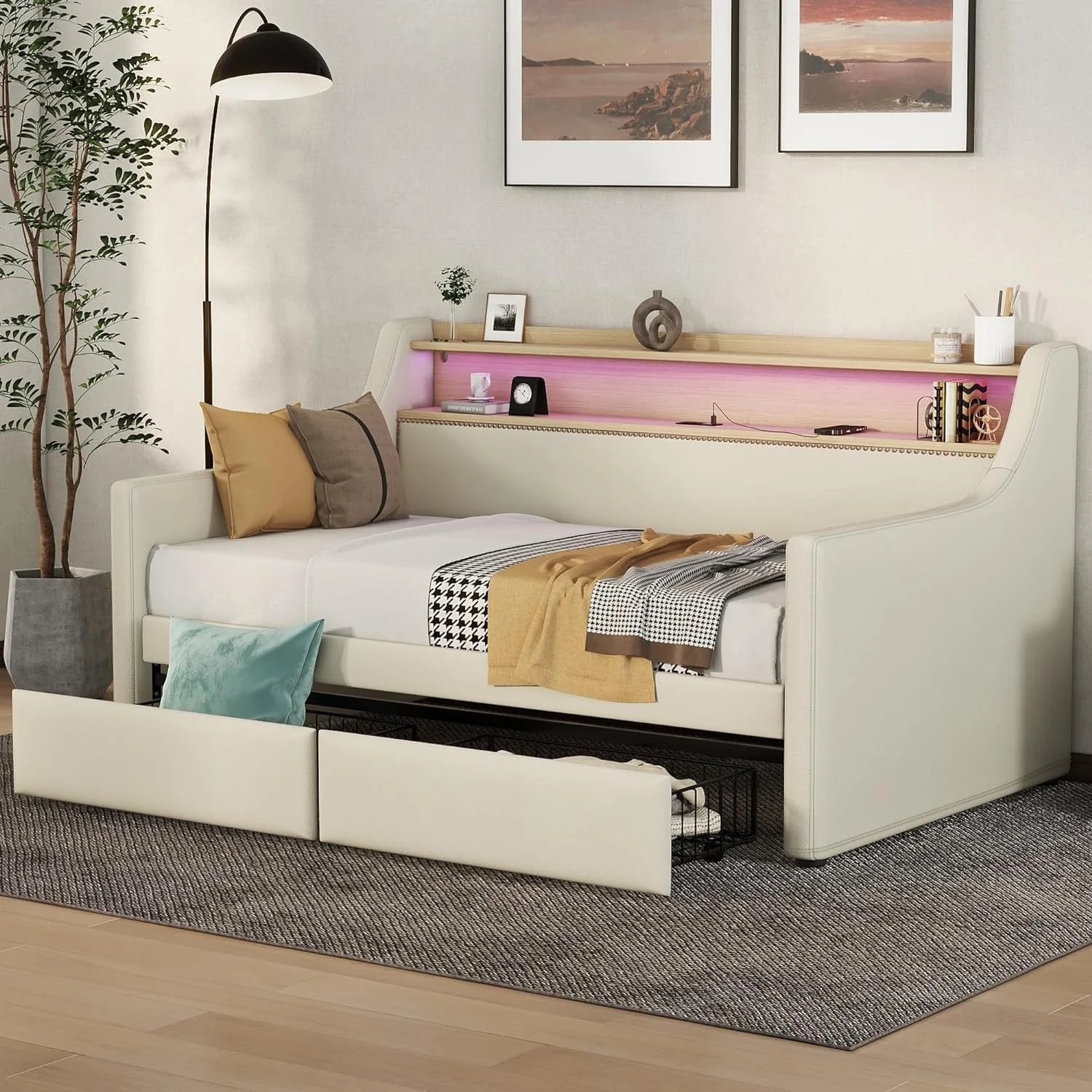 Upholstered Size Daybed With 2 Drawers,Wooden Daybed With Charging Station And LED Lights, PU Leather Daybed Sofa Bed With Slat Support For Bedroom,Living Room, Beige