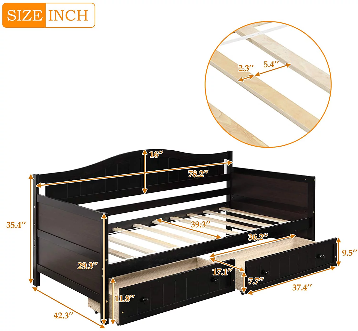 Daybed With Storage Drawers, Woooden Bed Frame With Drawers, Sofa Bed For Bedroom Living Room, No Box Spring Needed (Espresso)