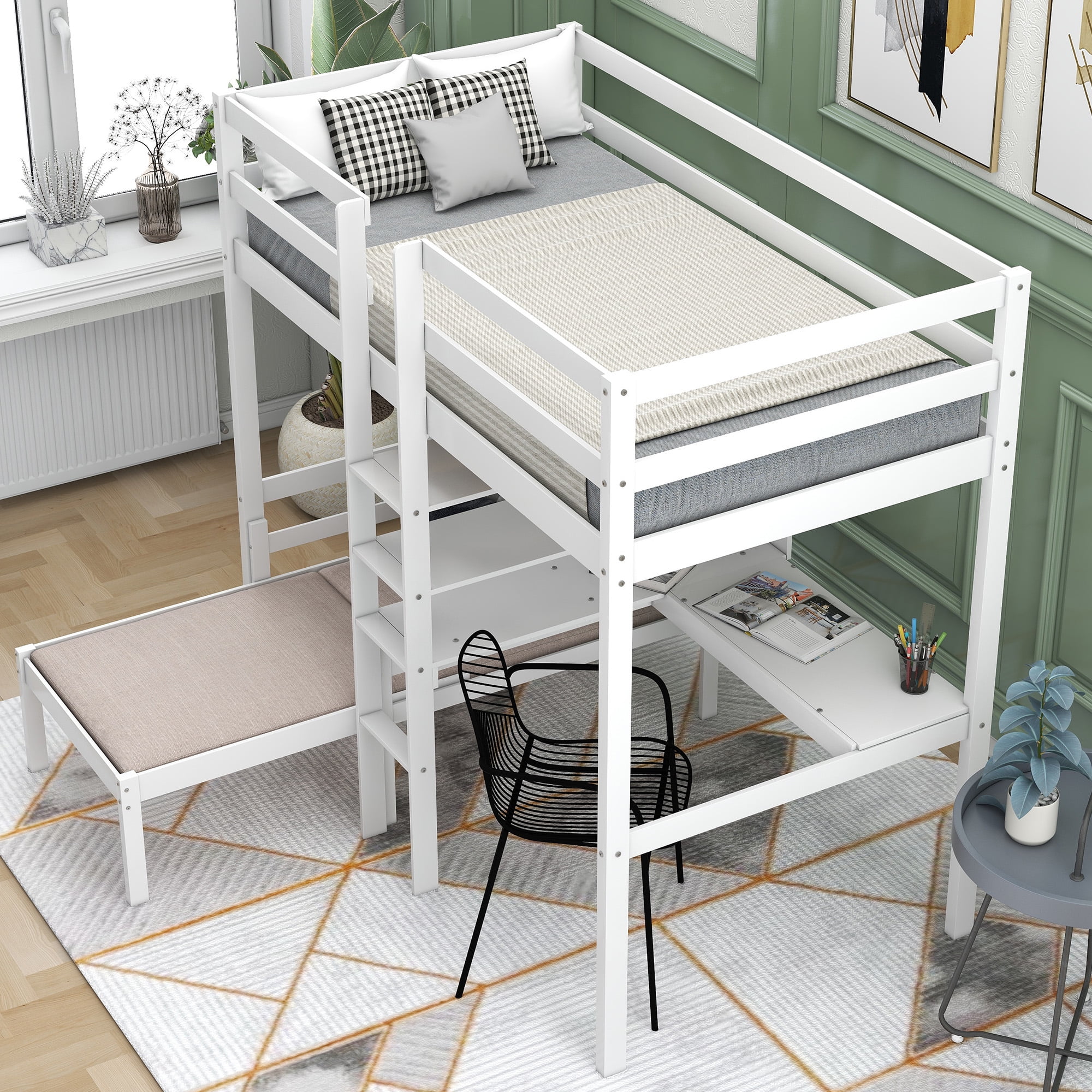 Convertible Loft Bed with L-Shape Desk, Cosymart Twin Bunk Bed with Shelves and Ladder, White