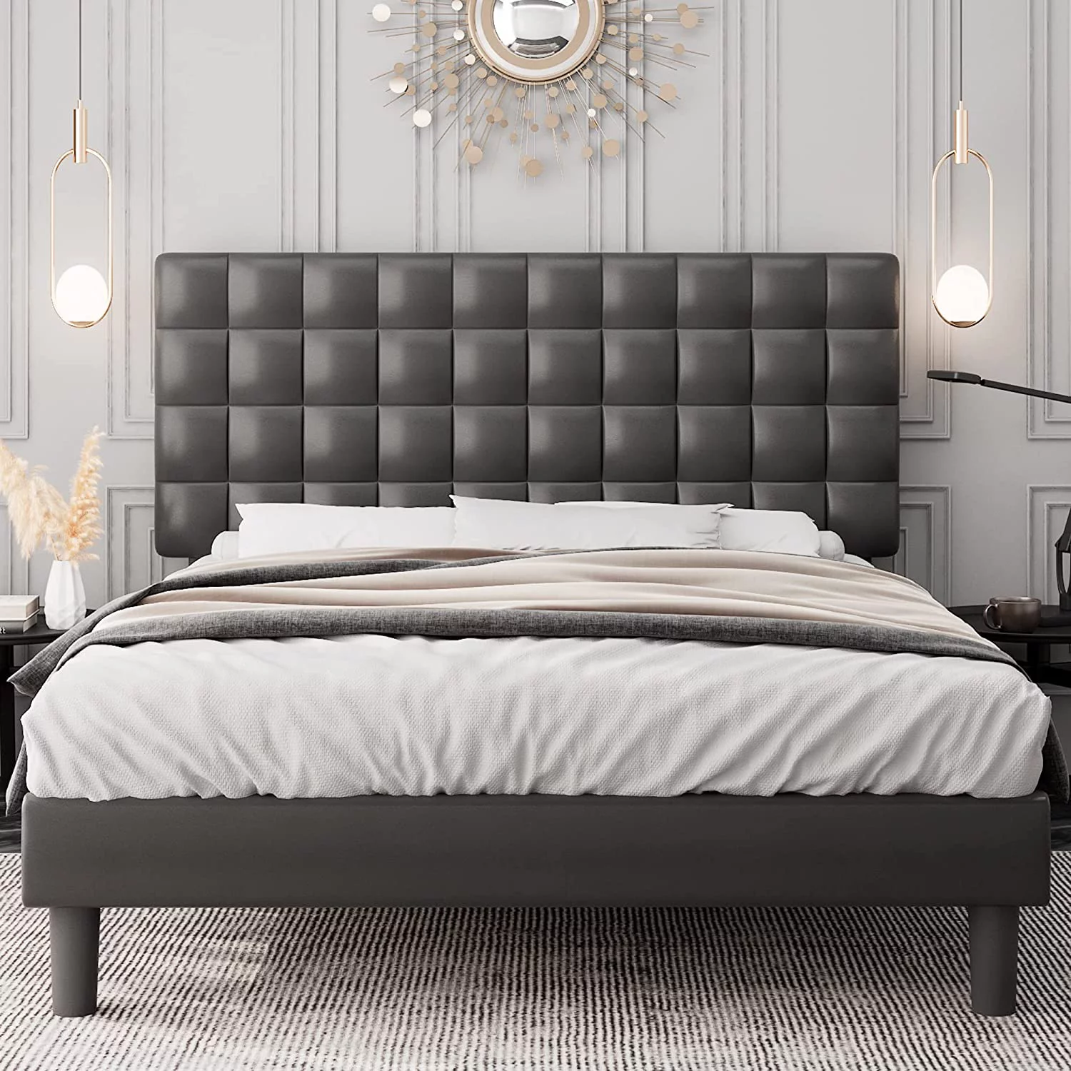 King Size Bed Frame with Square Stitched Headboard  Faux Leather Upholstered Platform Bed Frame  High-Density Sponge Filled  Solid Wood Slats  No Box Spring Needed  Noise-Free  White