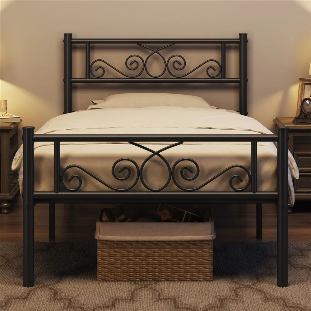 Yaheetech Graceful Scroll Platform Bed with Headboard and Footboard, Twin, Black