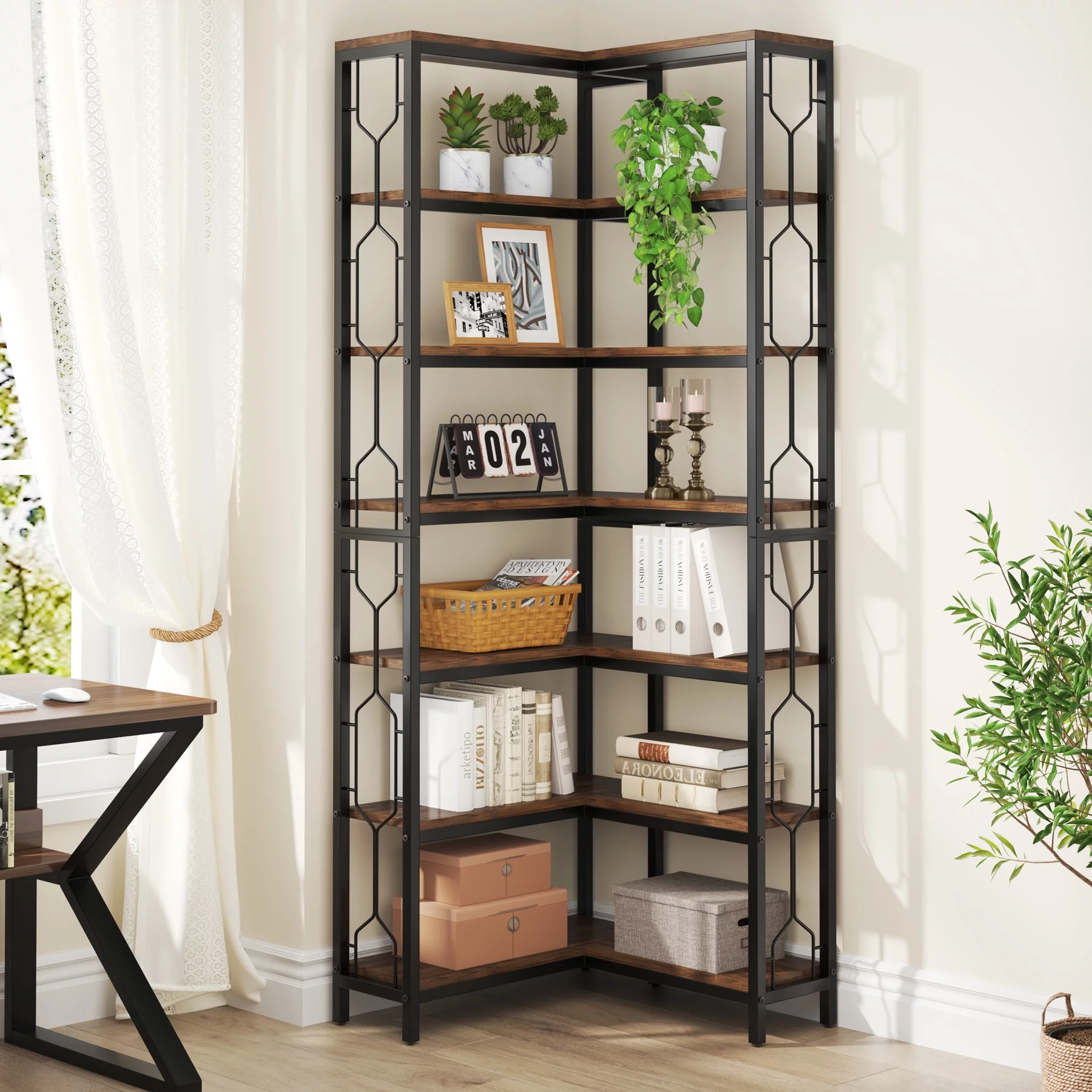 Tribesigns 7-Tier Corner Shelf, Industrial Display Bookshelf, Freestanding Wood and Metal Corner Etagere Bookcase for Living Room, Kitchen, Home Office