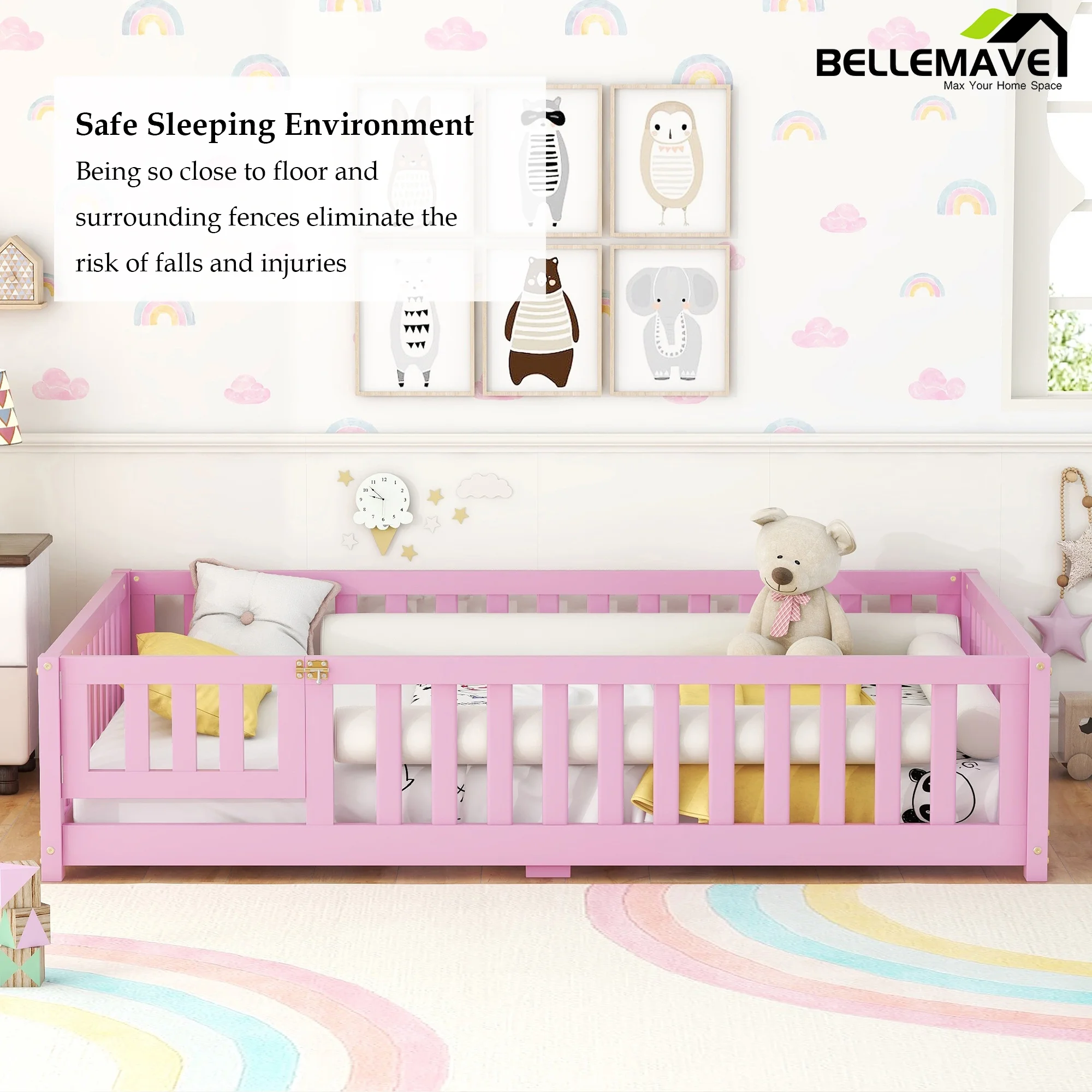 Bellemave Full Size Floor Bed with Door and Fence Toddler Floor Bed with Bed Slats Sturdy Wood Floor Bed Montessori Bed Frame for Kids, Boys, Girls (Full, Pink)
