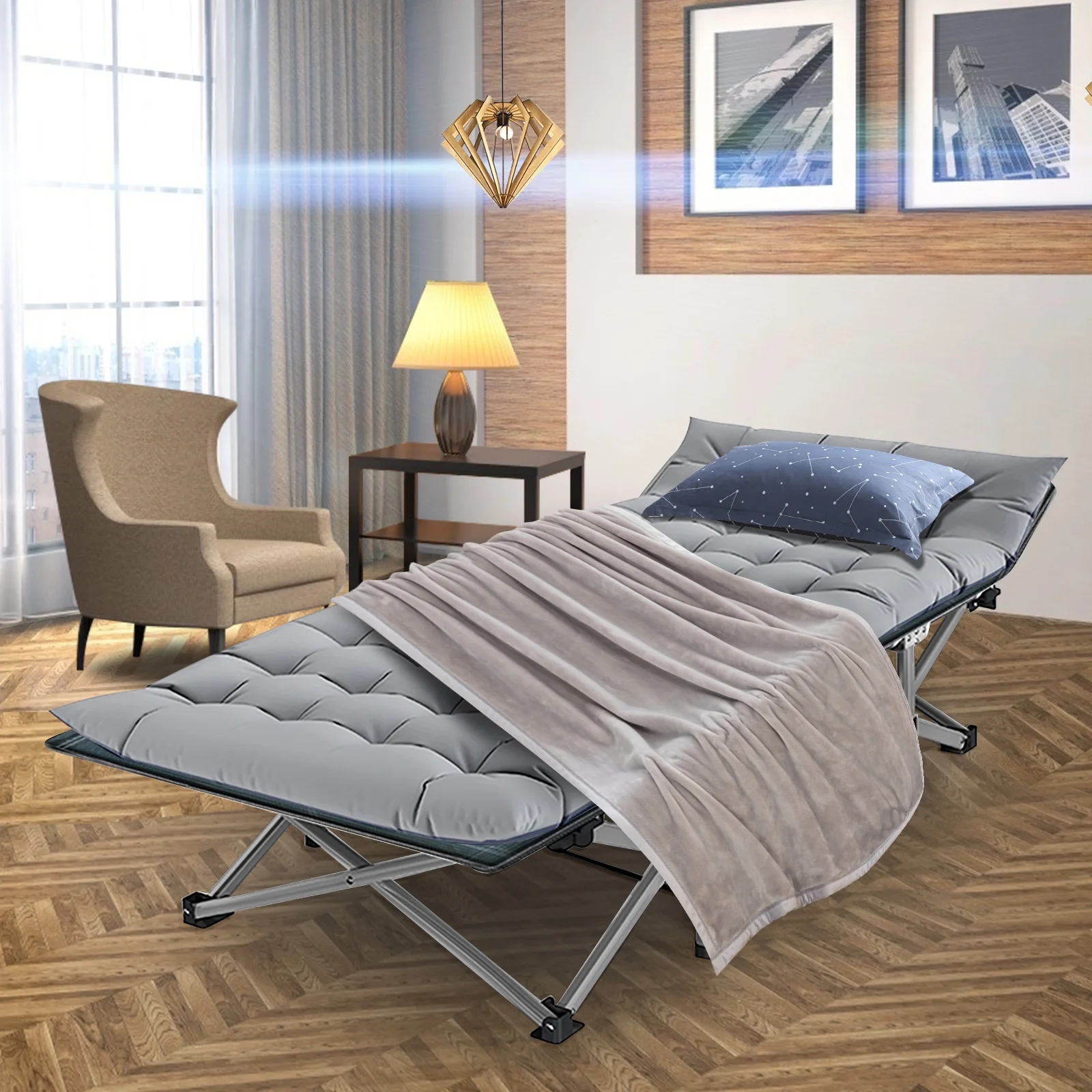 Lilypelle Folding Camping Cot with Camping Mattress & Pillow, Camping Cot Bed Convertible Reclining Chairs Bed 4 Position Adjustable