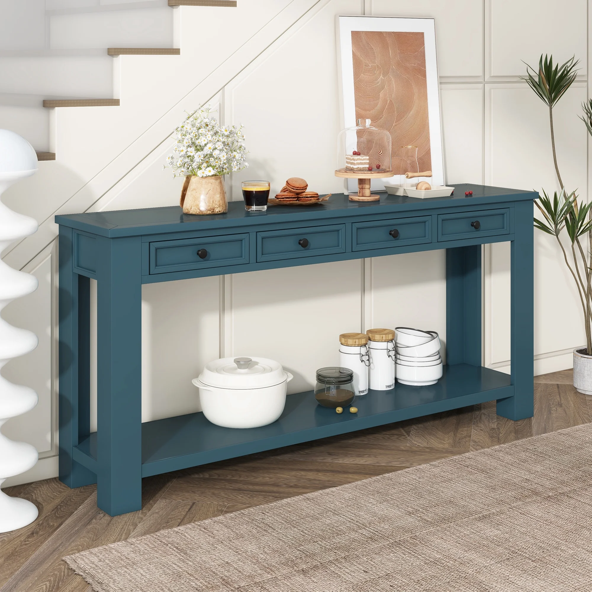 Churanty Console Table for Entryway Hallway Sofa Table with Storage Drawers and Bottom Shelf,Dark Blue