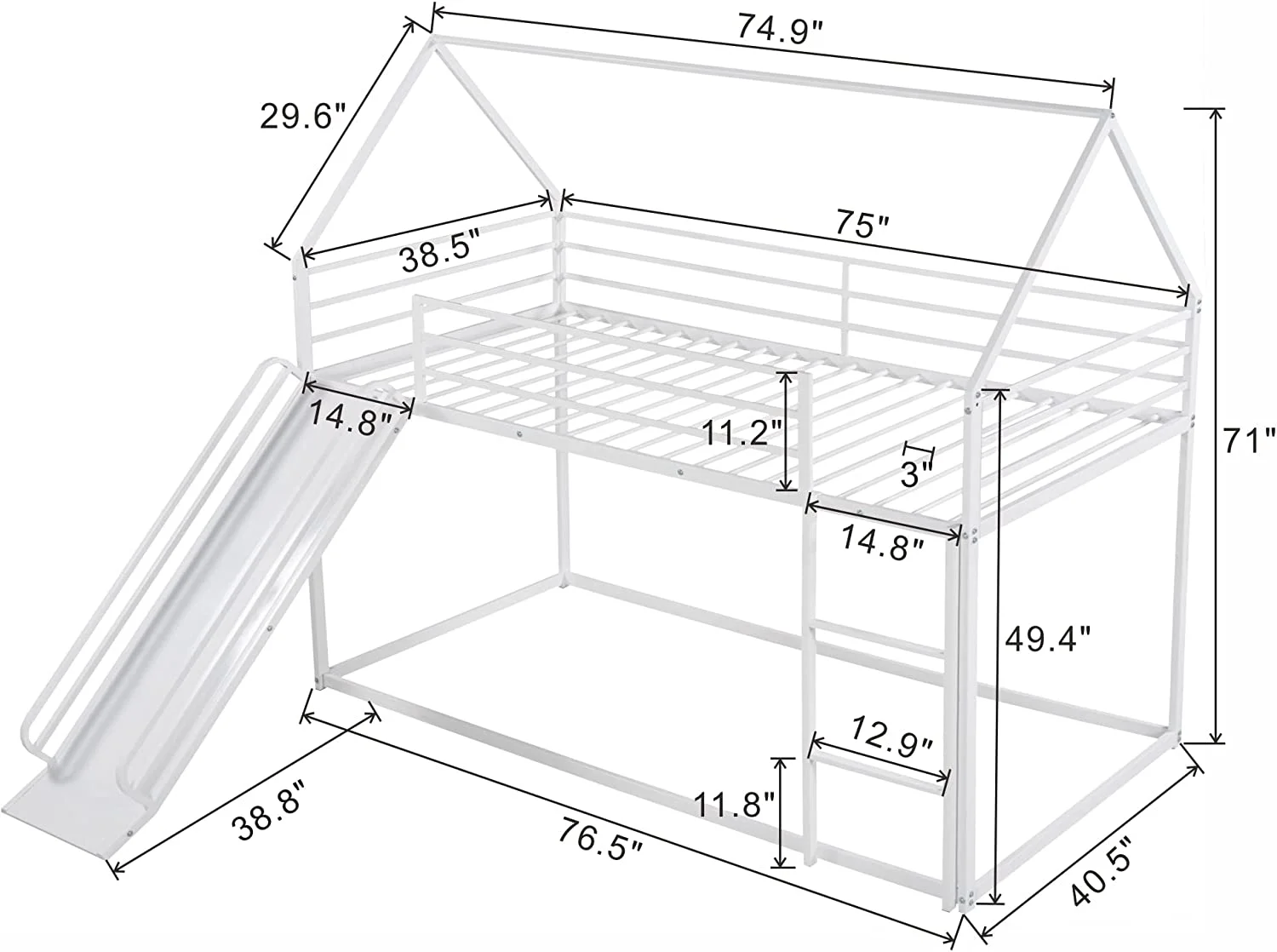 Bunk Bed Twin Over Twin Junior Metal Floor with Ladder, House Shaped Bunk Bed Frame for Kids Boys Girls, No Box Spring