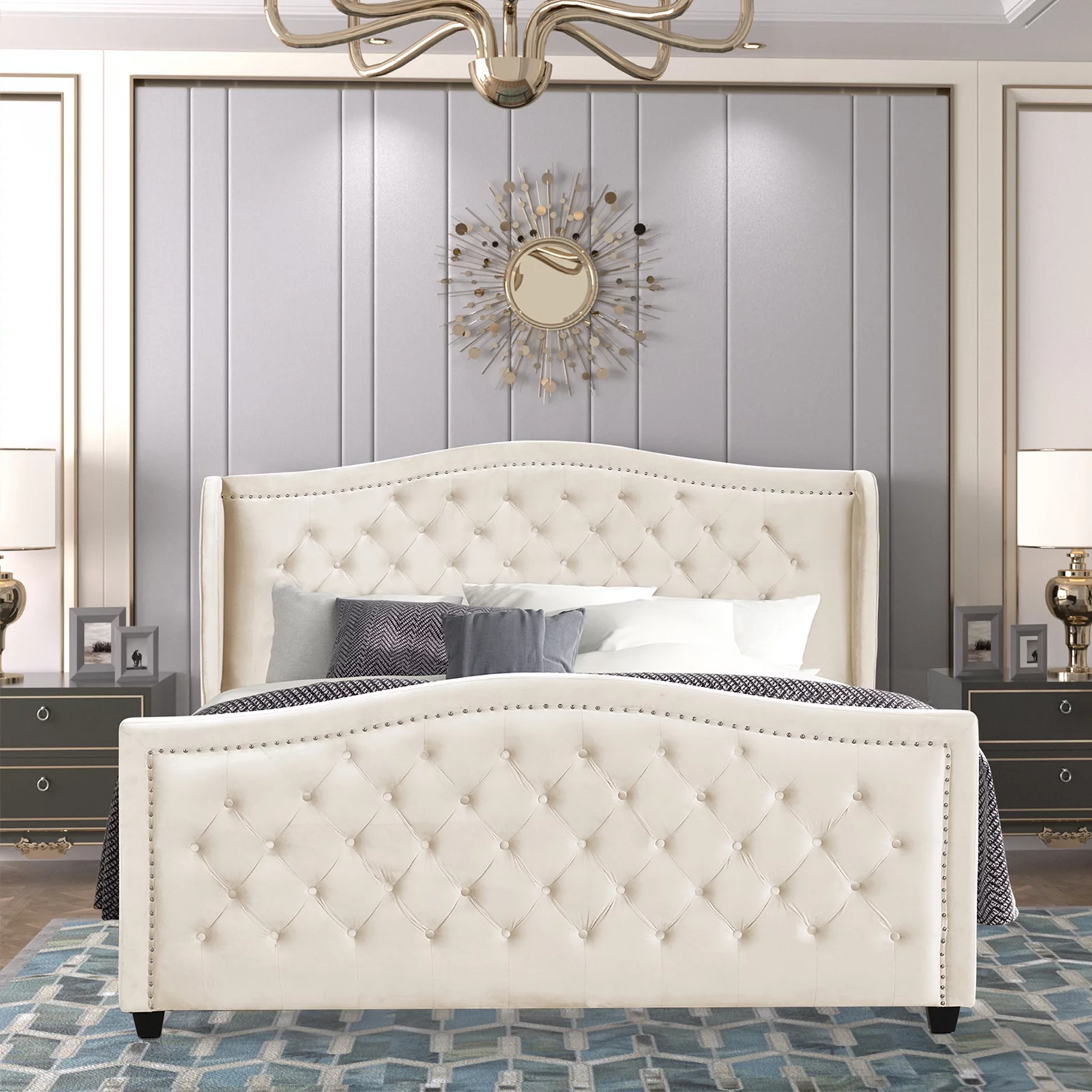 Nathaniel Home Jennifer King Beds, Velvet Upholstered Tufted Bed, Platform Bed Frame with Diamond, Low Profile Platform Beds Strong Wooden Slats White