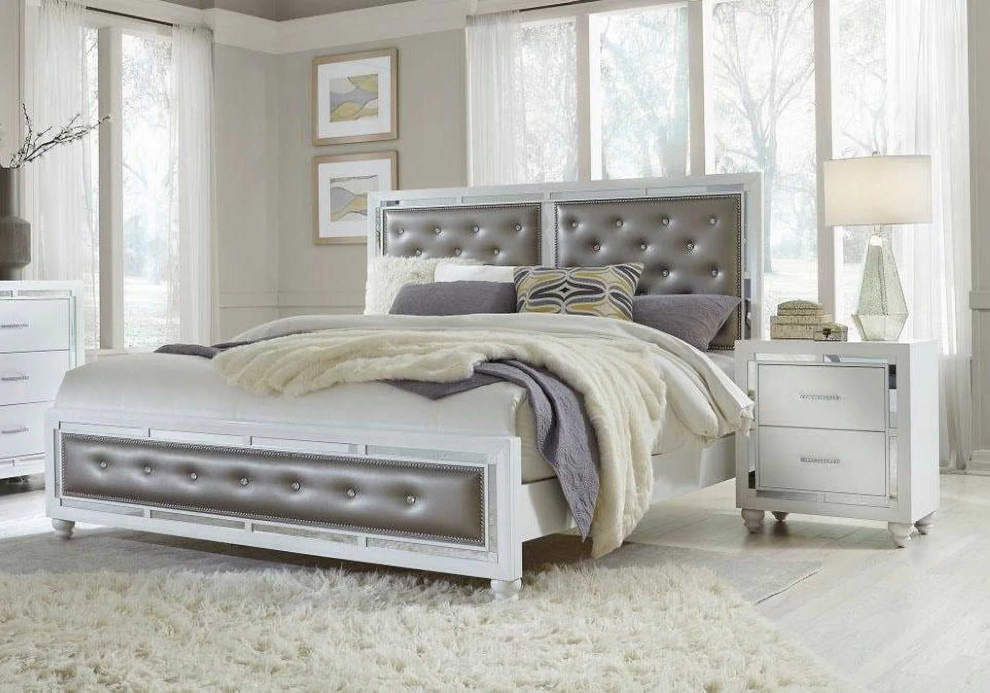 High Gloss White Finish Queen Size Bedroom Set 3 Pcs MACKENZIE Global USA