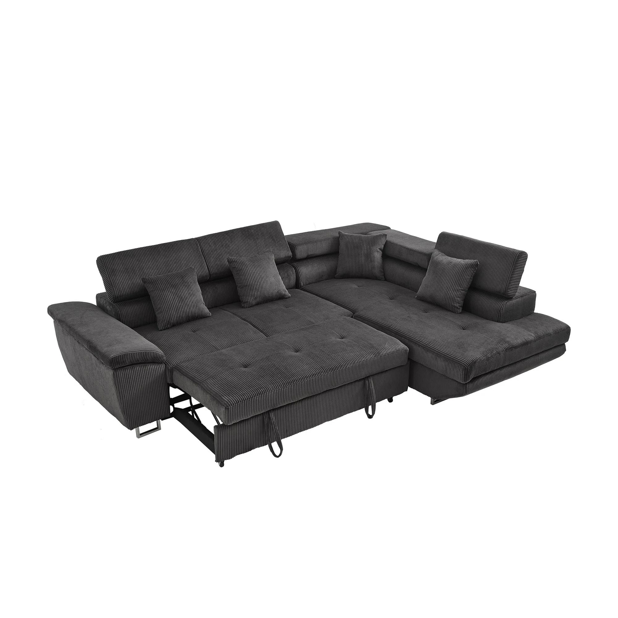 Noodeniya Corner Sofa Couch Pull-Out Bed with Storage Chaise, Convertible Sleeper Sofa Bed, L Shaped Corduroy Right Corner Couch for Living Room, Gray