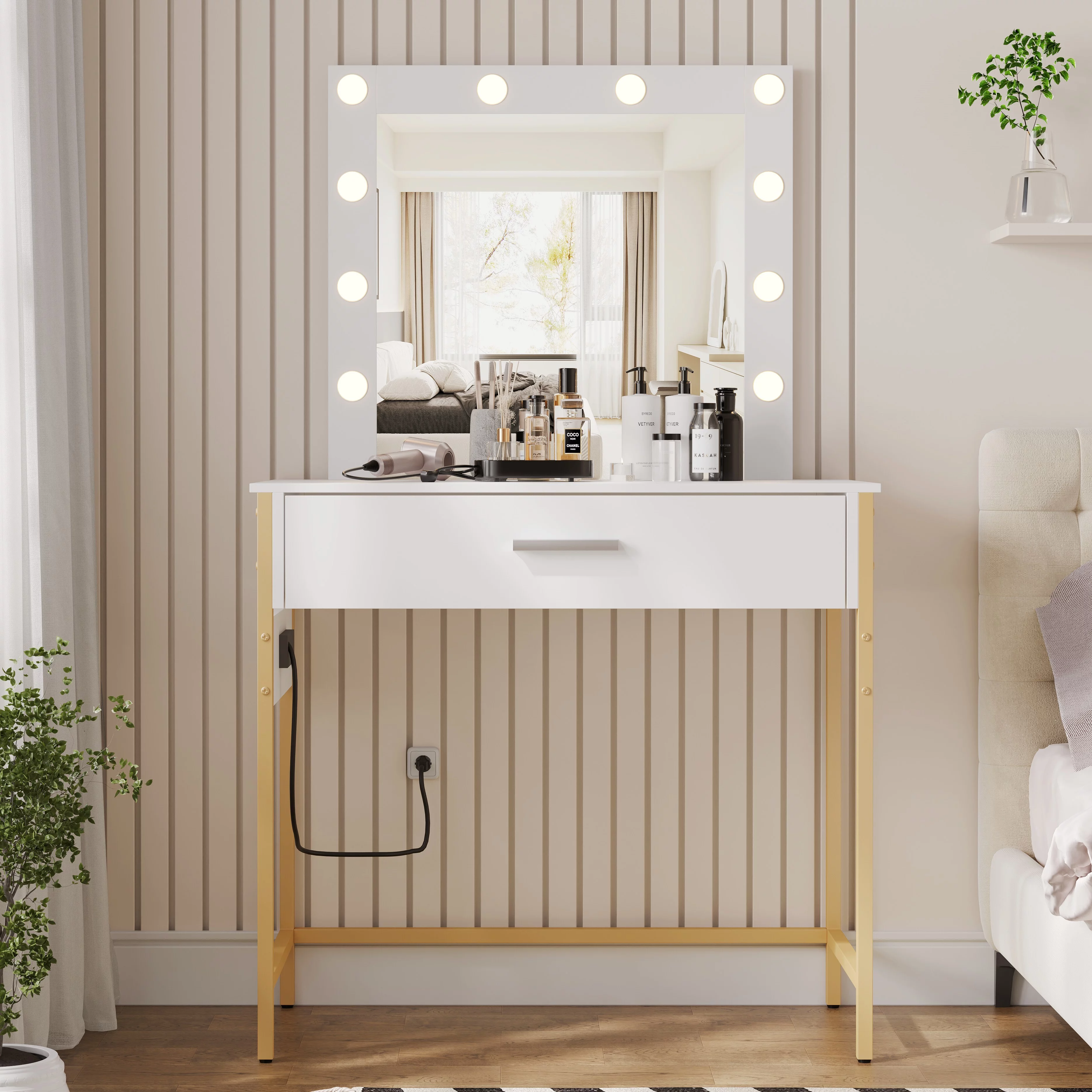 Vanity Table with Lighted Mirror, Makeup Vanity Dressing Table, Bedroom Makeup Desk with Charging Station, White