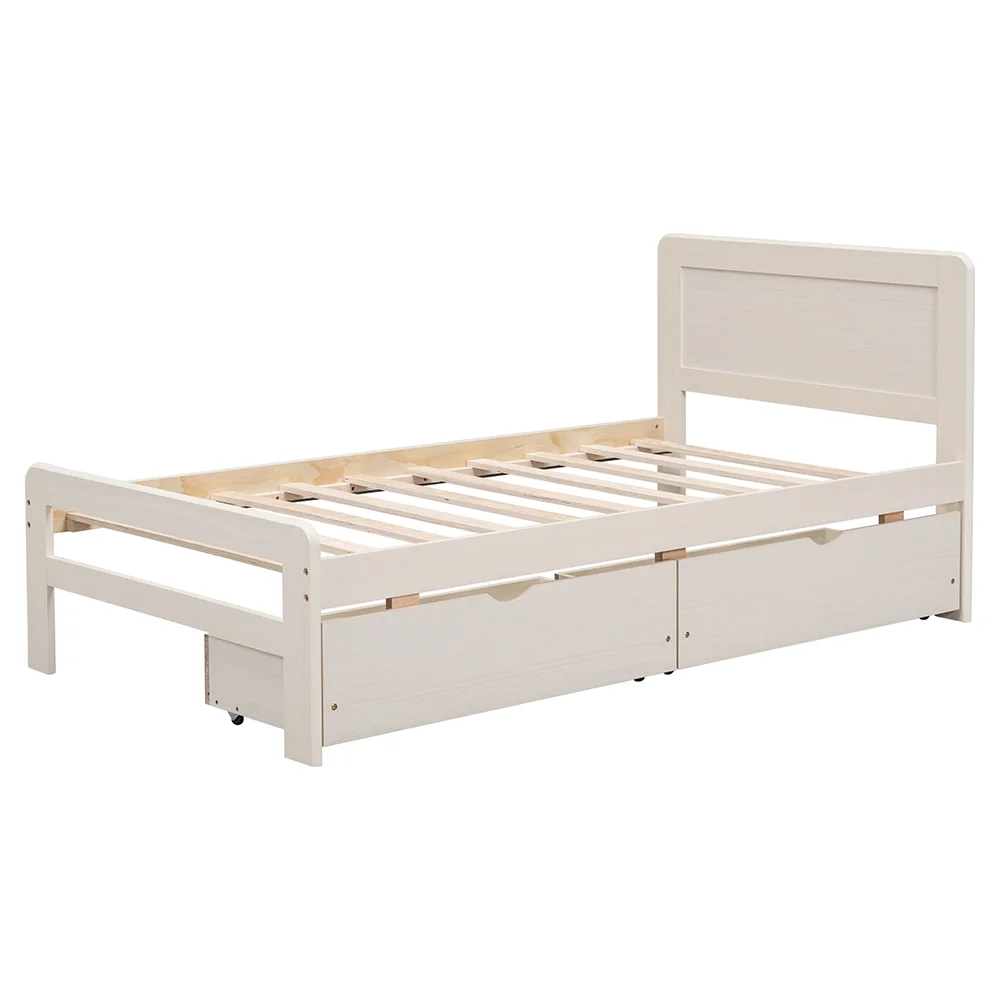 HUTWIFE Twin Bed with Storage, Twin Size Daybed with 2 Drawers, Assembly Wood Storage Bed Frame, Twin Size Platform Bed Frame, Solid Rubberwood Bedframe, No Box Spring Needed