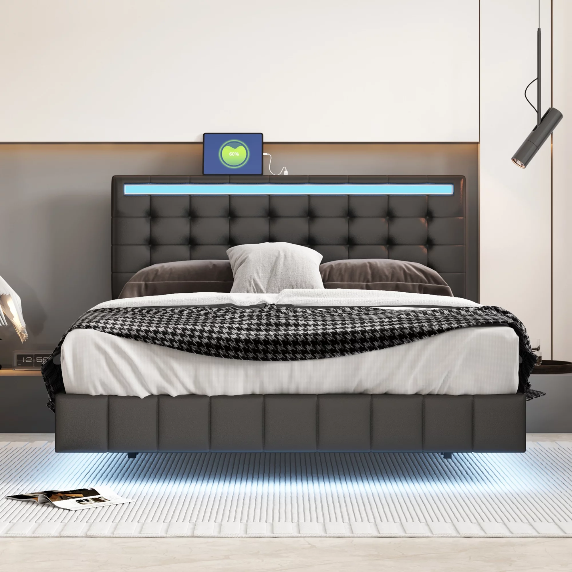 CoSoTower Queen Size Floating Bed Frame with LED Lights and USB Charging, Modern Upholstered Platform LED Bed Frame, Black