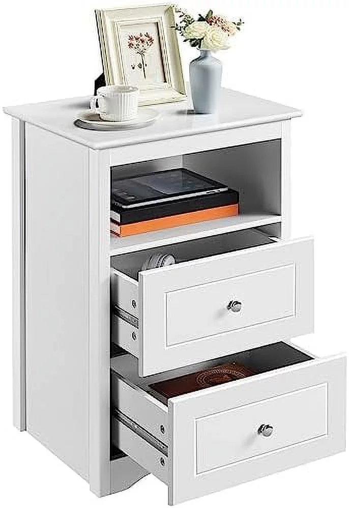 HOOMHIBIU Nightstand with 2 Drawer and 1 Open 29" Tall Bedside Table Wooden Flie Cabinet Telephone Table Bed Side Table with for Bedroom White