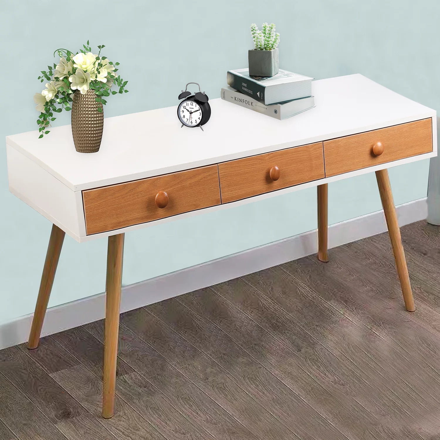 CERBIOR Computer Desk Vanity Table, with 3 Storage Shelves & Drawers Makeup Dressing, Bedroom Vanities Set White