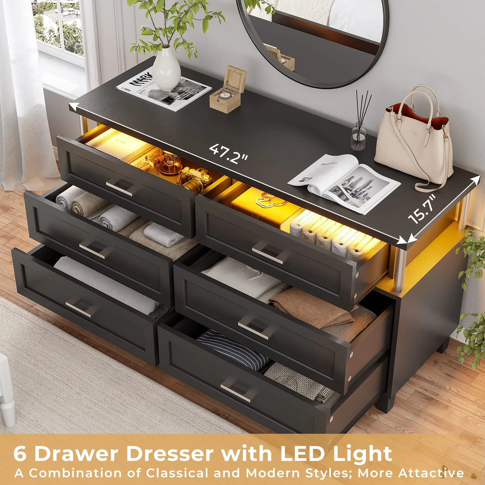 EPHEX LED 6 Drawer Dresser, Modern Bedroom Wood Long Closet Dresser, Black