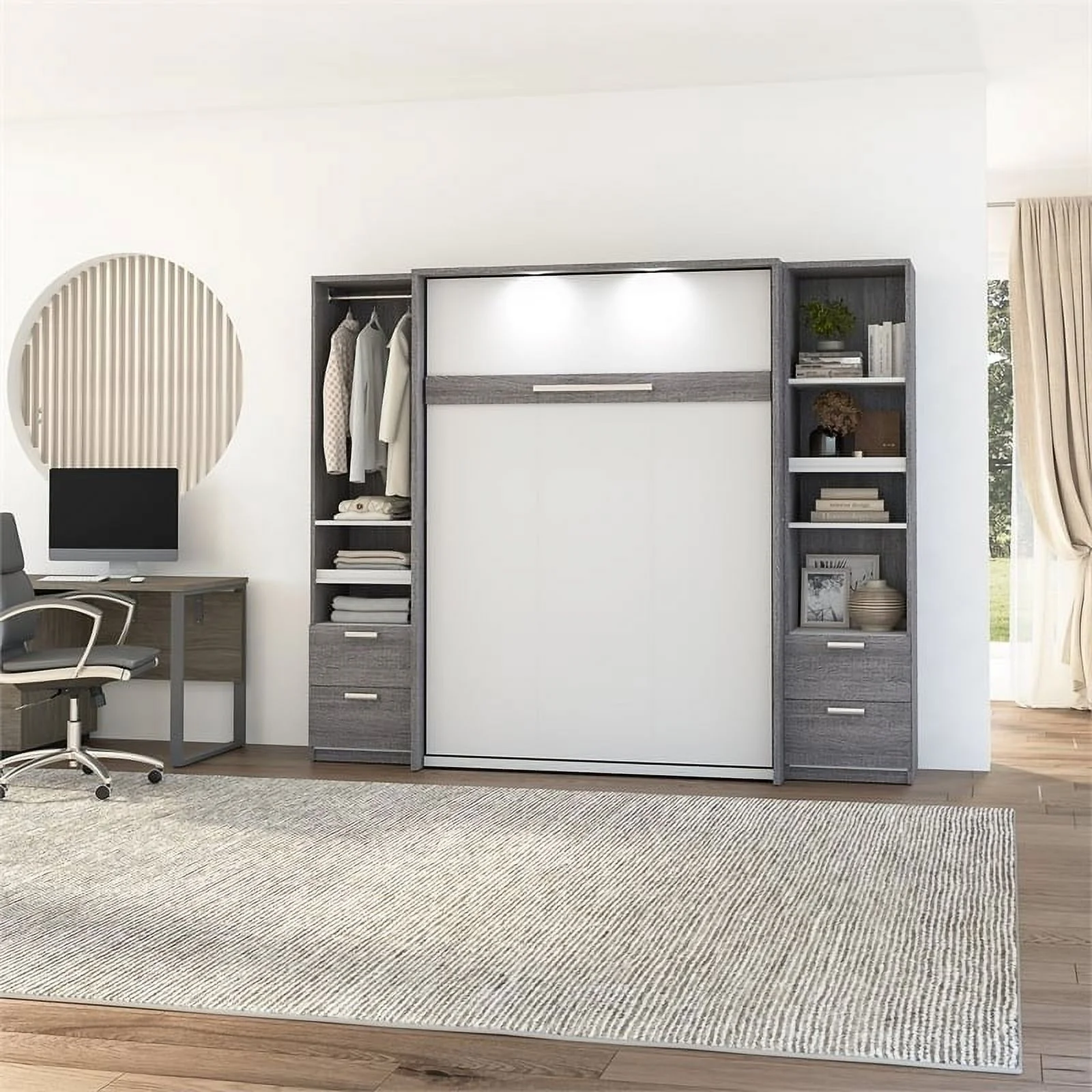 Atlin Designs Wood Full Murphy Bed and Narrow Storage in Bark Gray/White