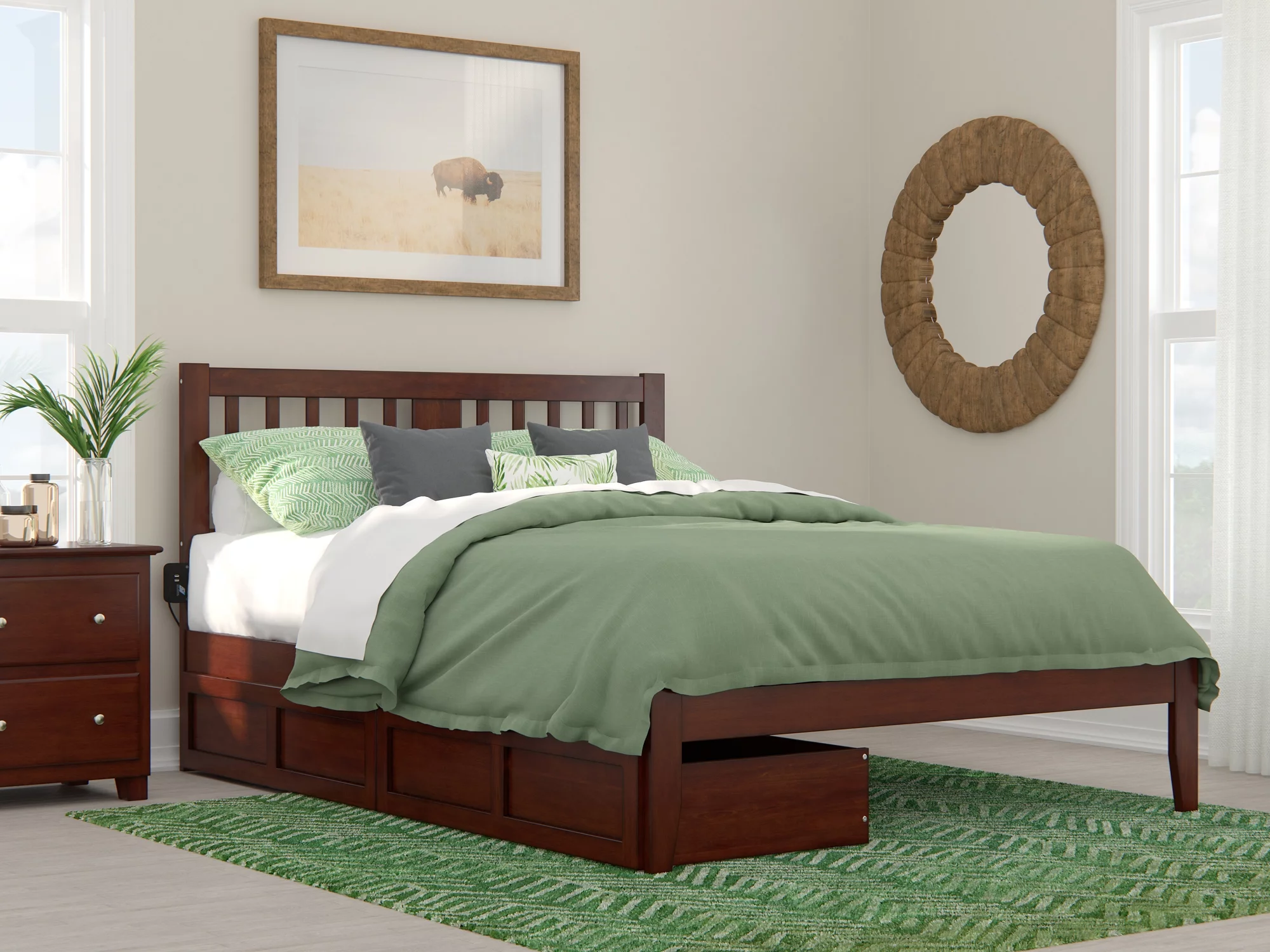 Tahoe Contemporary Wood Storage Slat Bed, Queen, Walnut