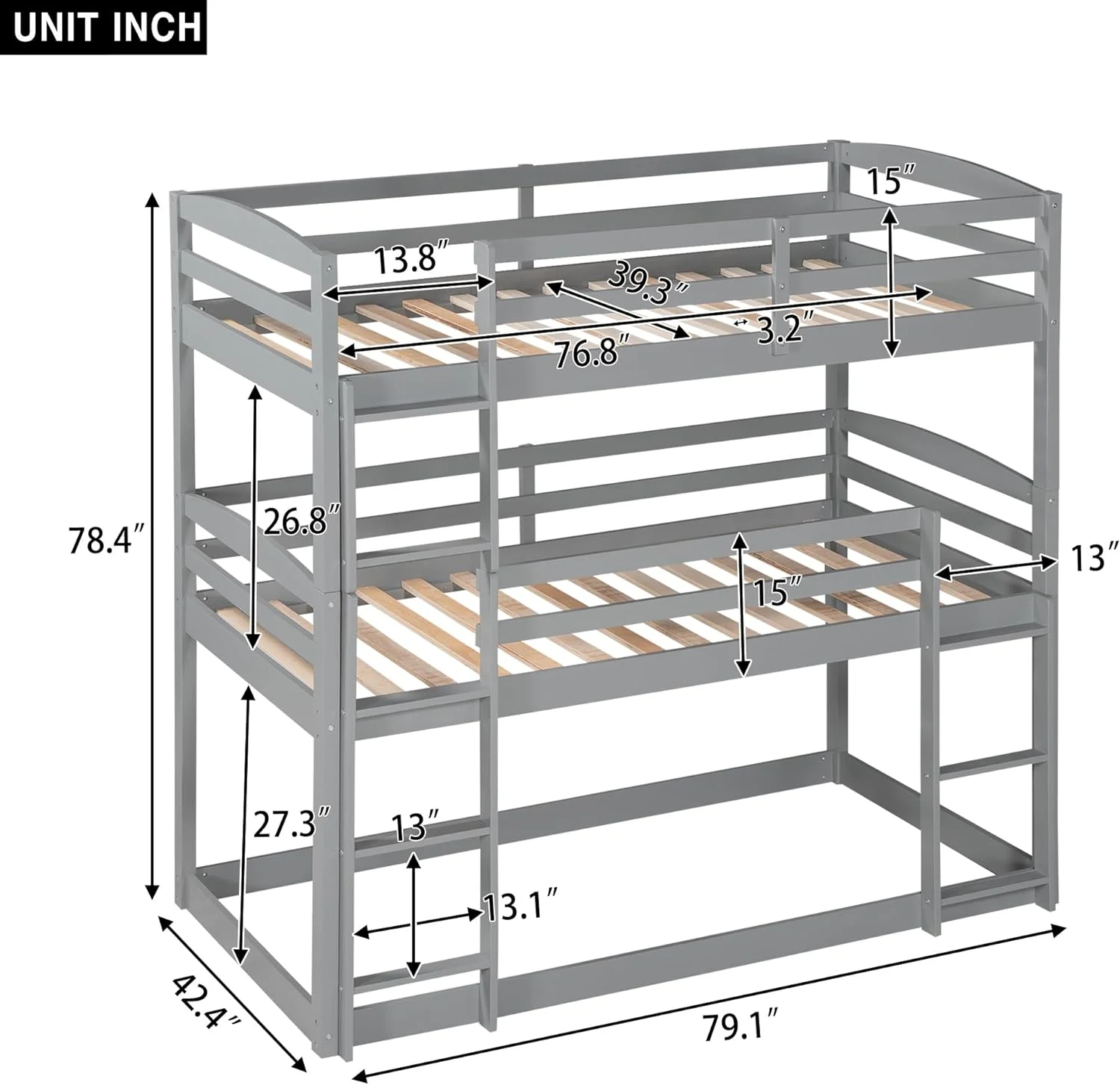 Triple Bunk Bed, Bunk Bed Over 3, Floor Triple Bunk Beds With Guardrails For Kids,3 Beds In One Bnk Bed Can Be Convertible Grey