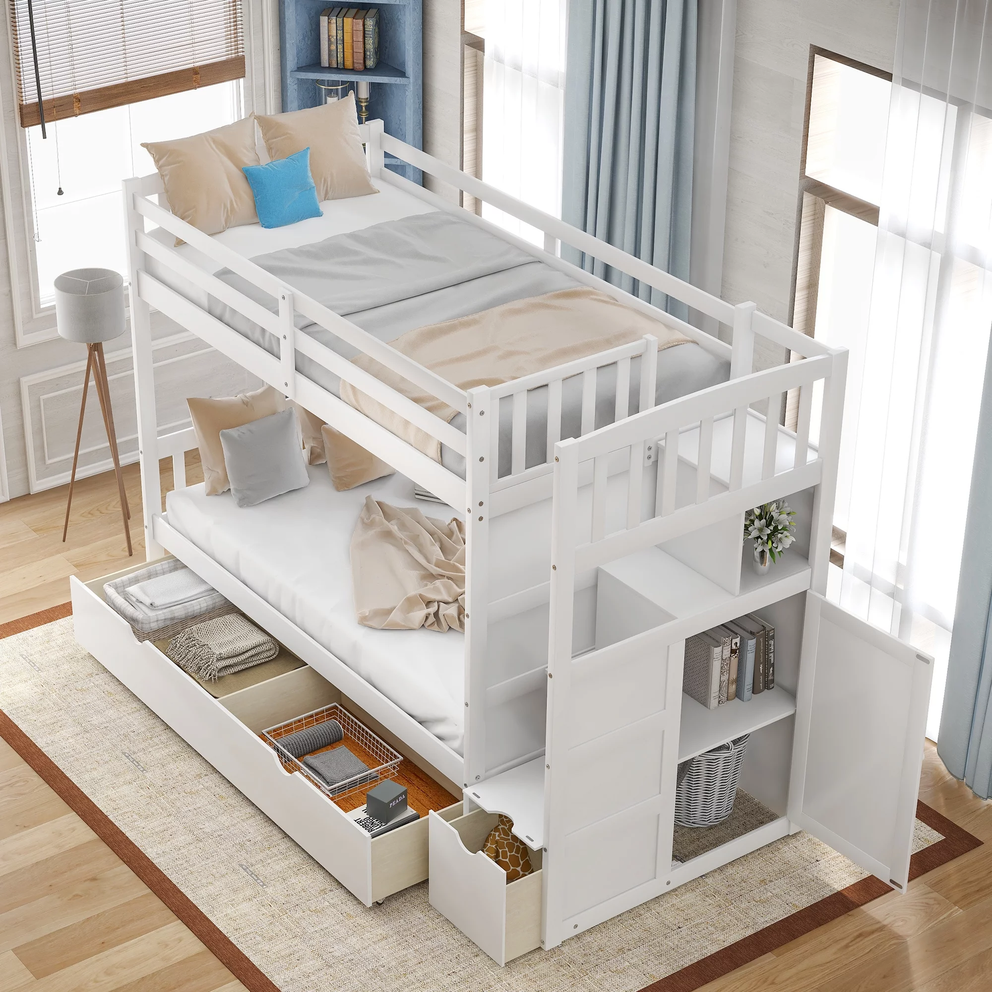 Euroco Twin over Twin Bunk Bed with Drawer and Cabinet for Kids Bedroom, White