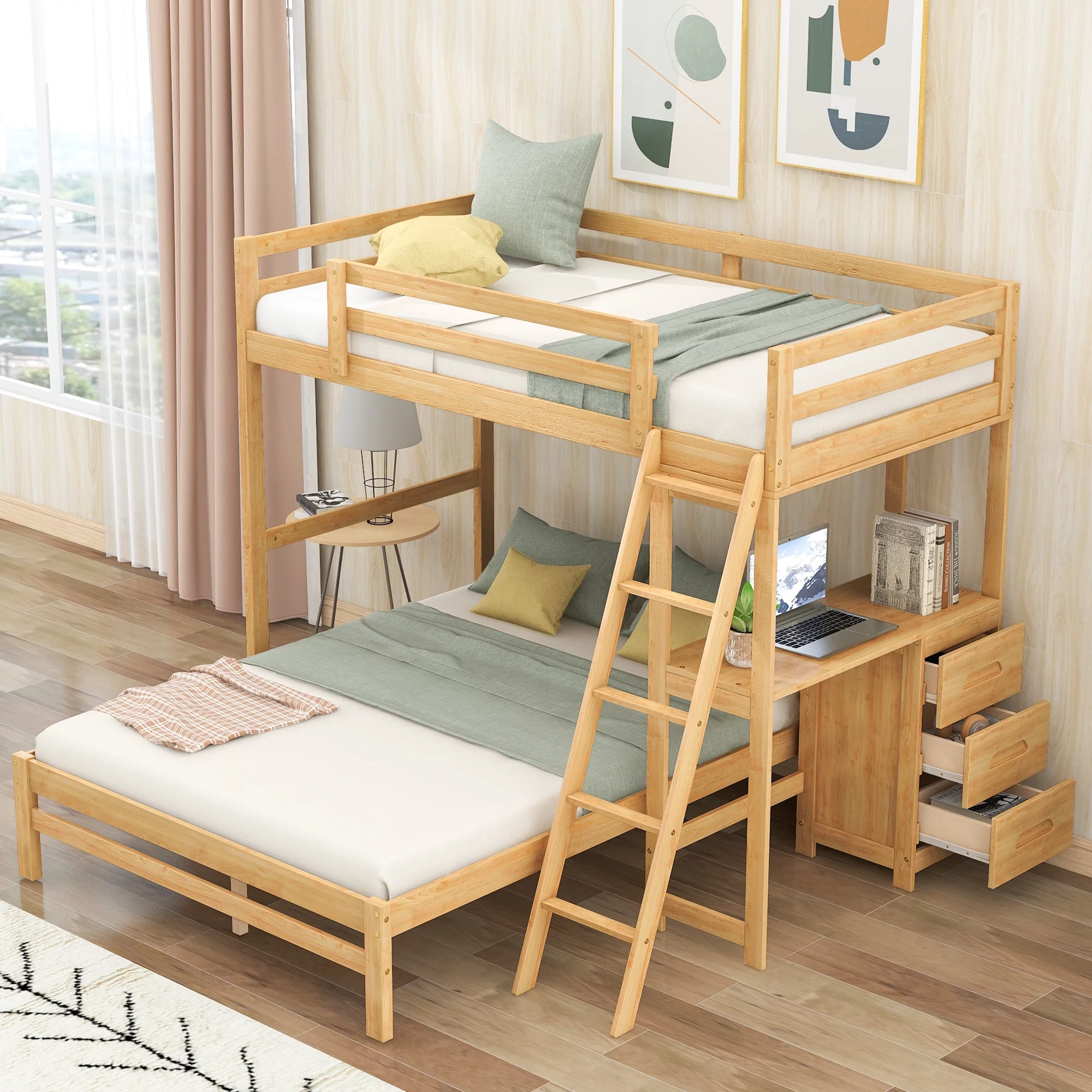 Nestfair Natural Twin over Full Bunk Bed with Built-in Desk and 3 Drawers