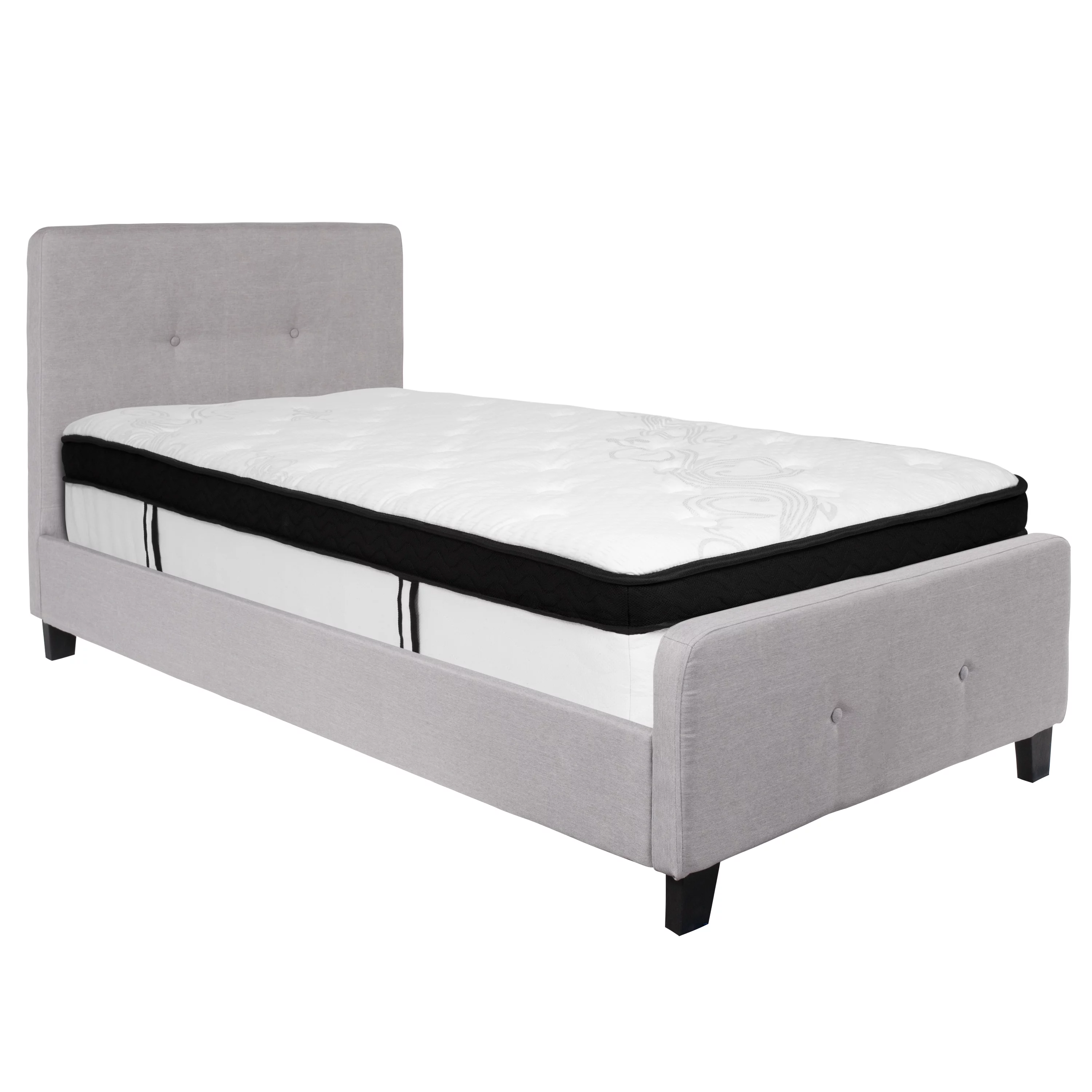 BizChair Twin Size Two Button Tufted Upholstered Platform Bed in Light Gray Fabric with Mattress