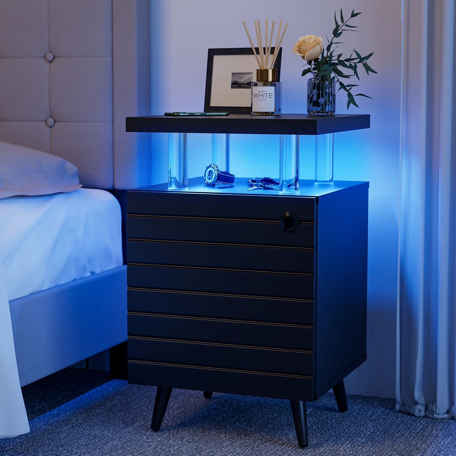 Smuxee Modern LED Nightstand with 2 Drawers Bedside Table for Bedroom, Black, Adult