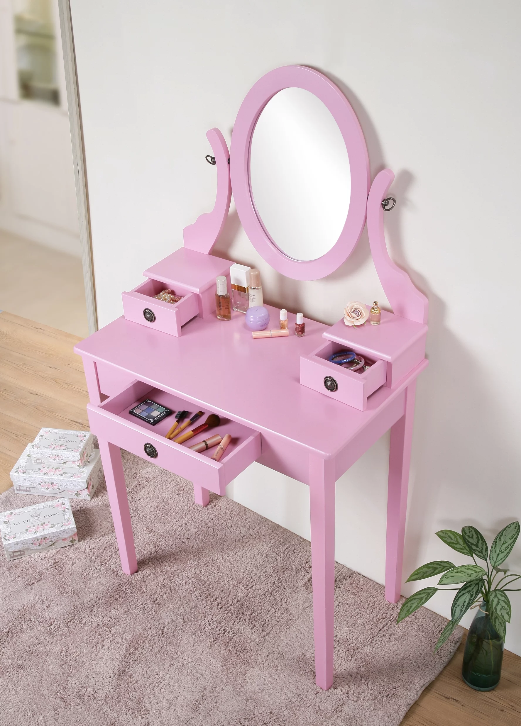 Roundhill Furniture Moniya Wood Vanity Table and Stool Set, Pink