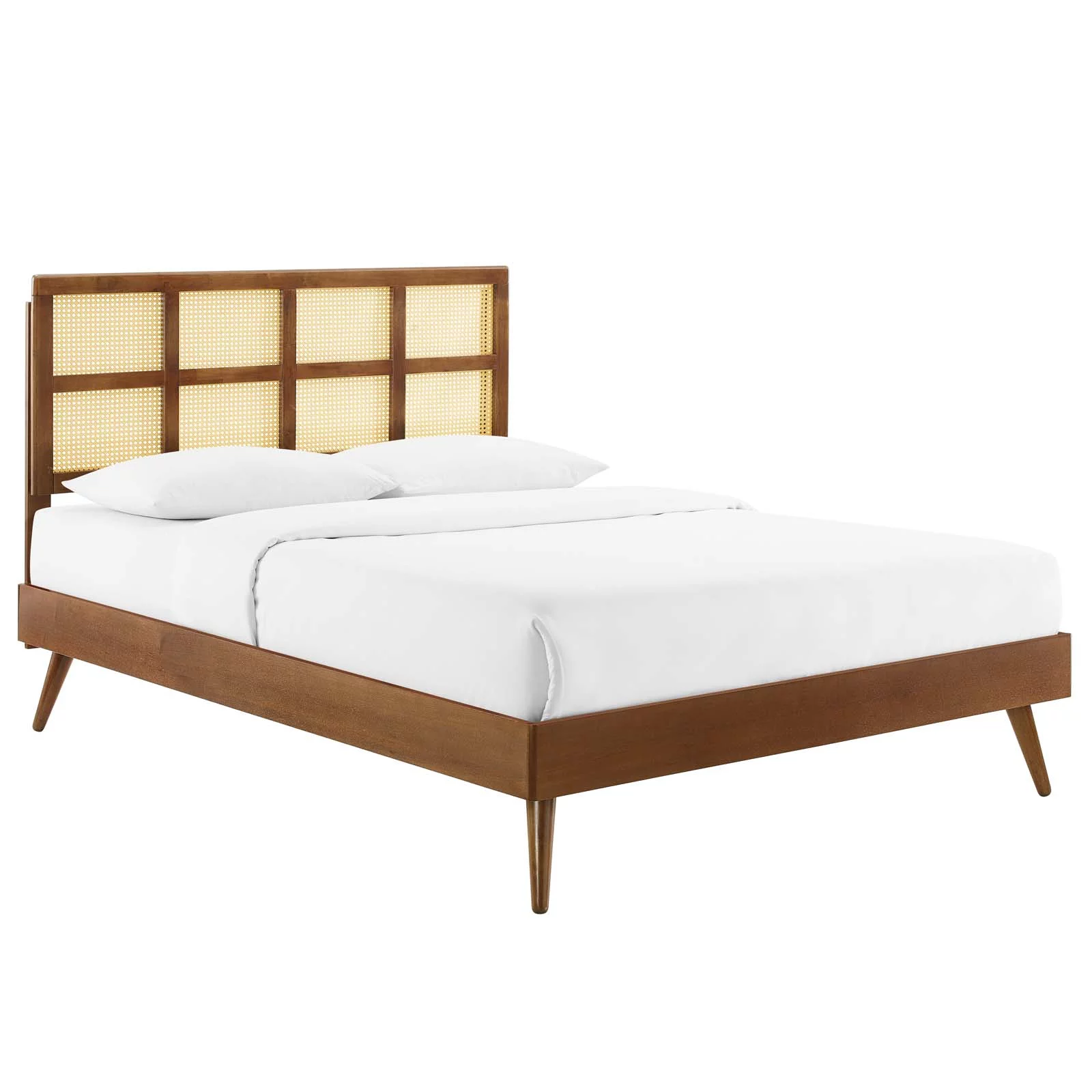 Modway Sidney Cane and Wood King Platform Bed With Splayed Legs in Walnut