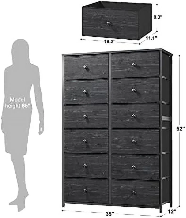 Dresser for Bedroom  Tall Dressers for Bedroom with12 Drawers Dressers & Chest of Drawes Fabric Drawers for Clothes  Closet  11.9" D x 34.7" W x 52.4" H Rustic Brown