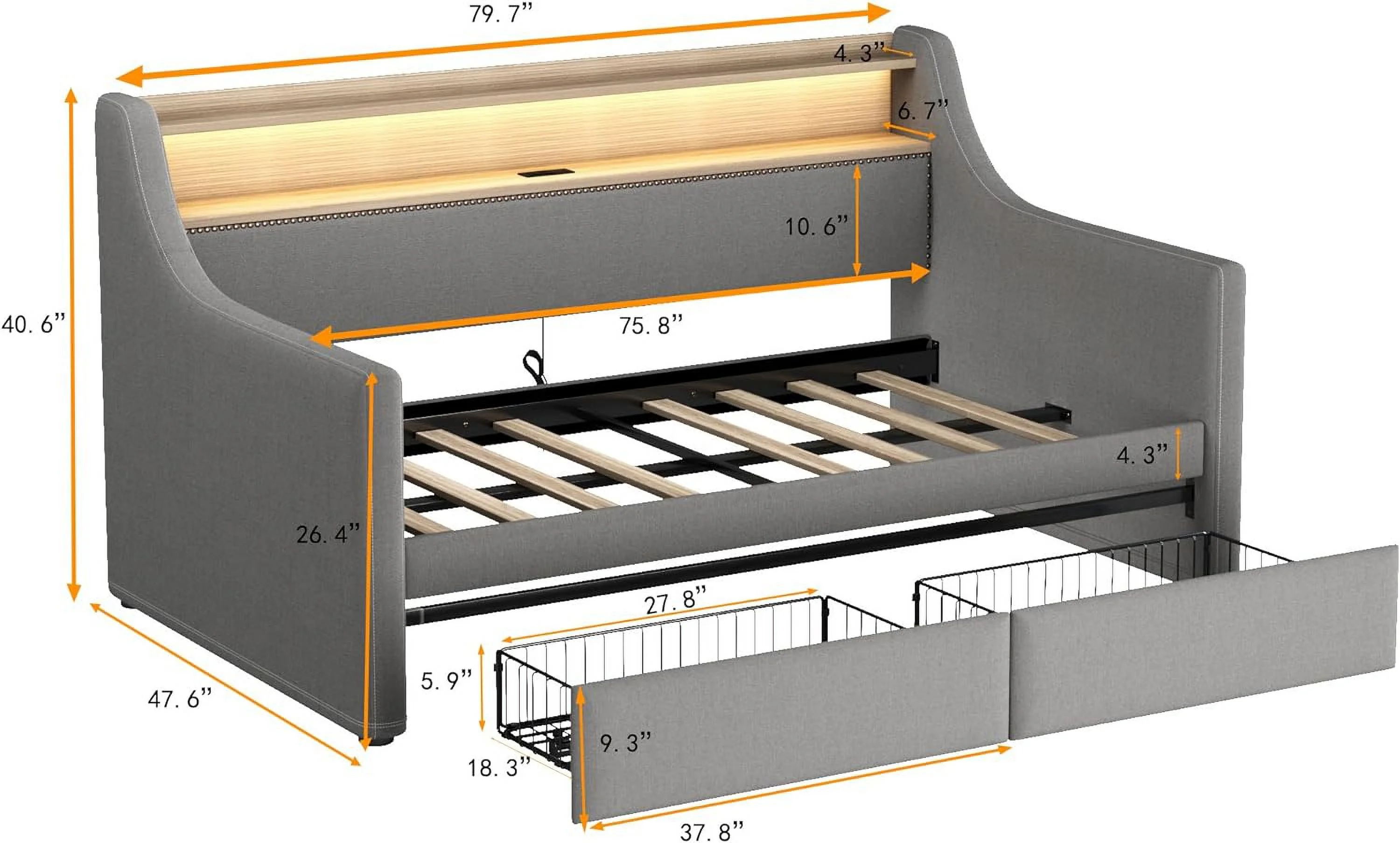 Upholstered Size Daybed With 2 Drawers,Woode Daybed With Chargig Statio Ad LED Lights, Lie Fabric Daybed Sofa Bed With Slat Support For Bedroom,Livig Room, Grey