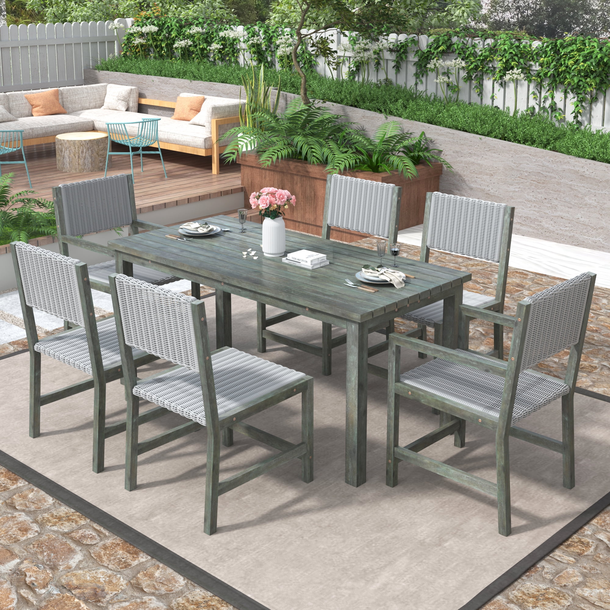 Acacia Wood And Rattan Outdoor Dining Table And Chairs For 6 People, Suitable For Courtyard,Patio, Balcony