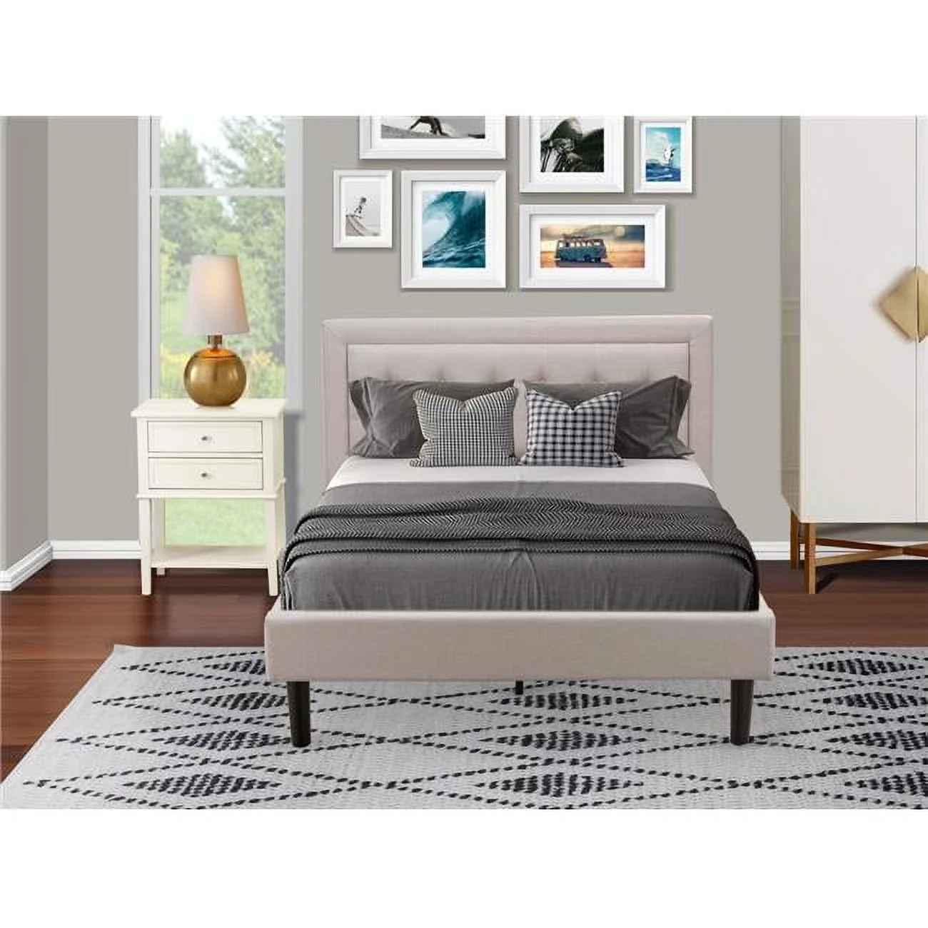 East West Furniture 2 Piece Fannin Platform Full Size Bedroom Set - Mist Beige, Black & Wire Brushed Butter Cream