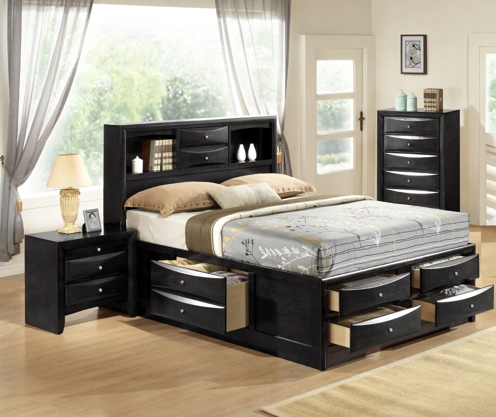 Contemporary King Size 3pc Bedroom Set Storage Bed Chest Nightstand Black Finish Solid Wood Furniture
