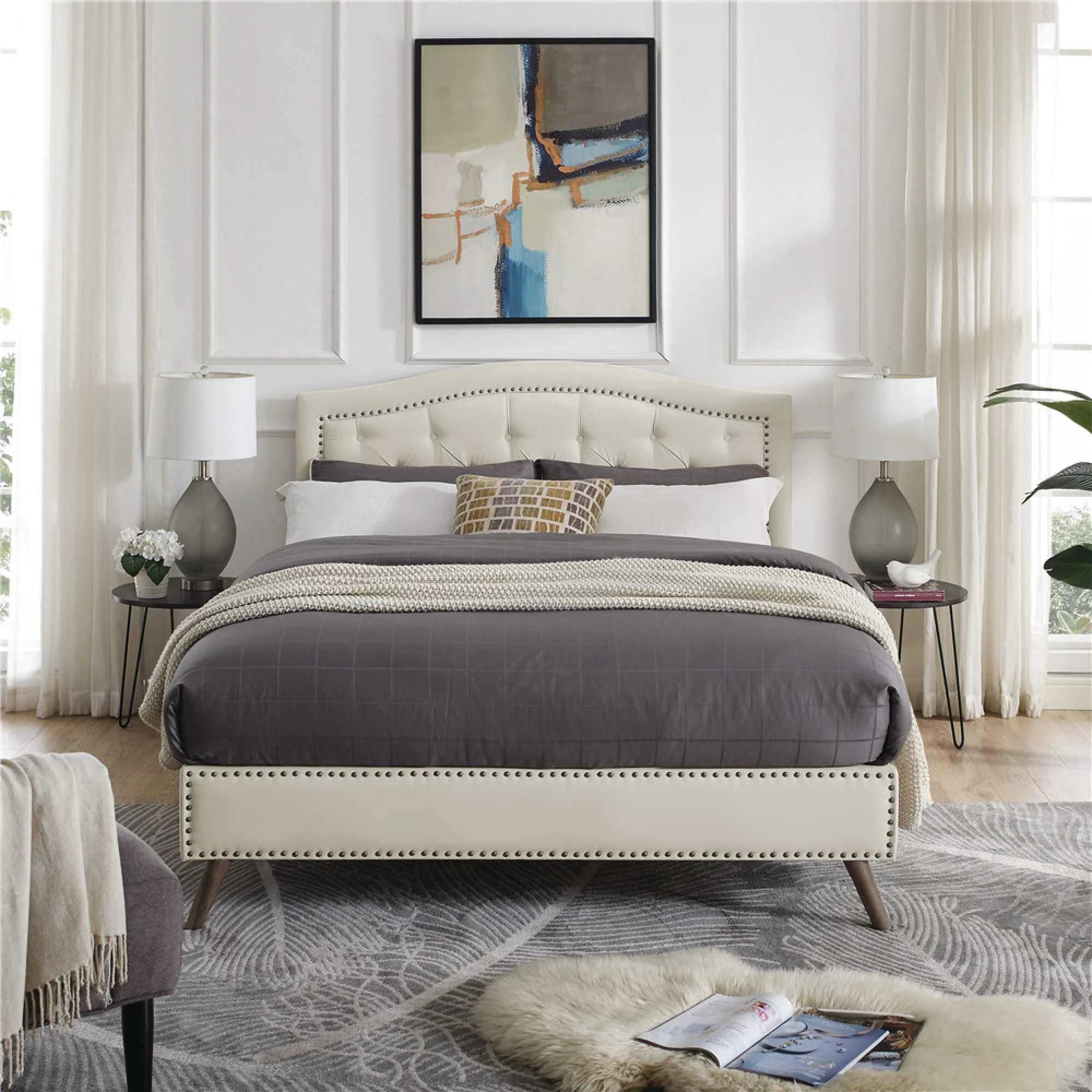 Modern Sleep Arlesa Upholstered Platform Bed Frame, Full, Shell