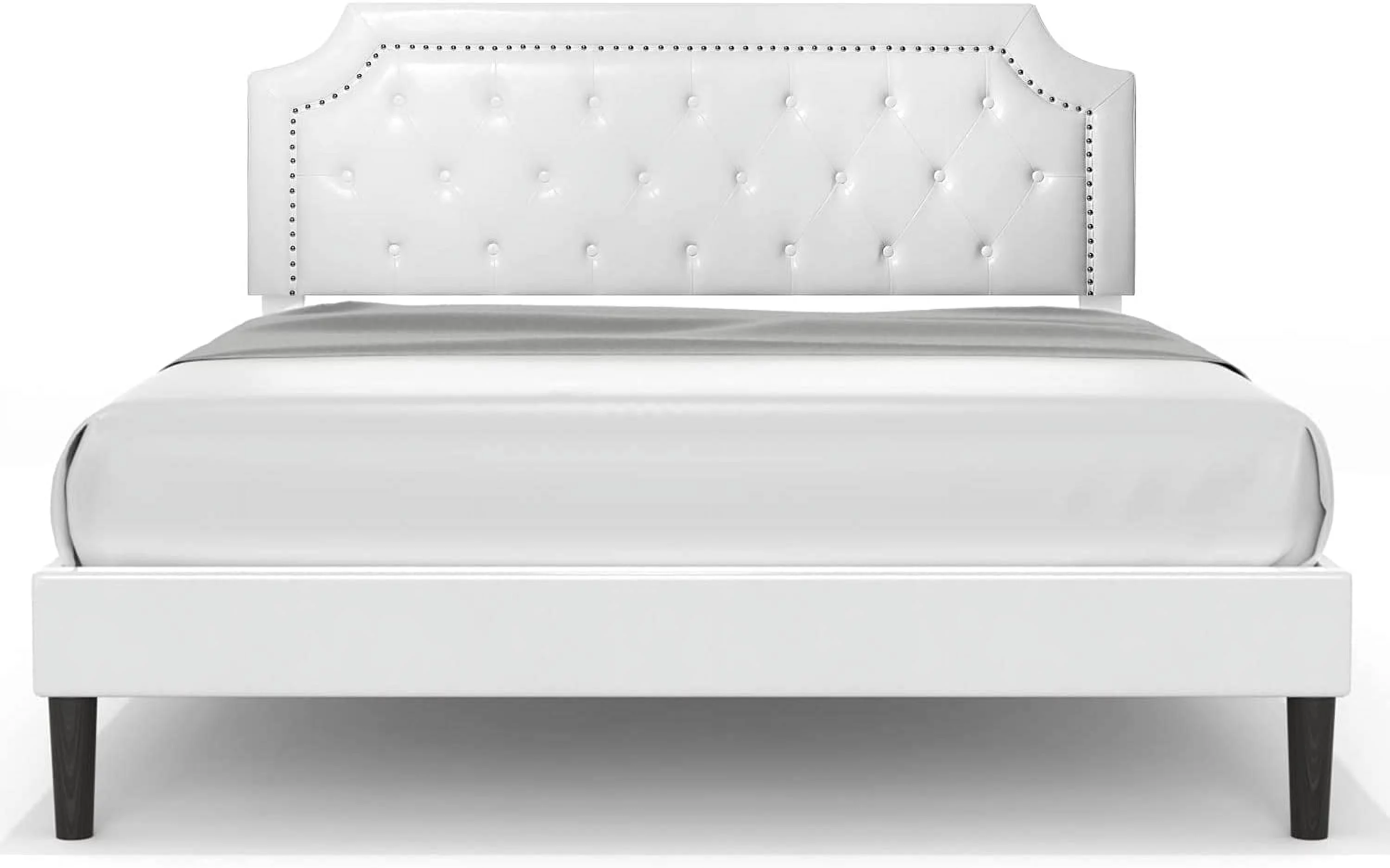 Bed Frame Upholstered Low Profile Platform Bed with Tufted Faux Leather Headboard/No Box Spring Needed/No Bed Skirt Needed (White King Size)