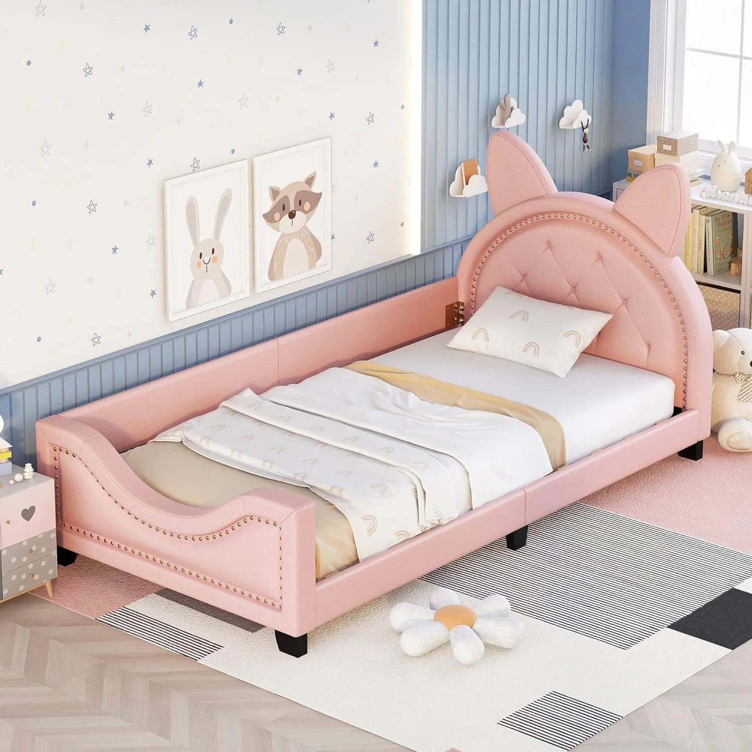 Upholstered Daybed With Carton Ears Headboard, Rabbit-Shaped Cute Platform Bed Frame With Button For Boys Girls (, )