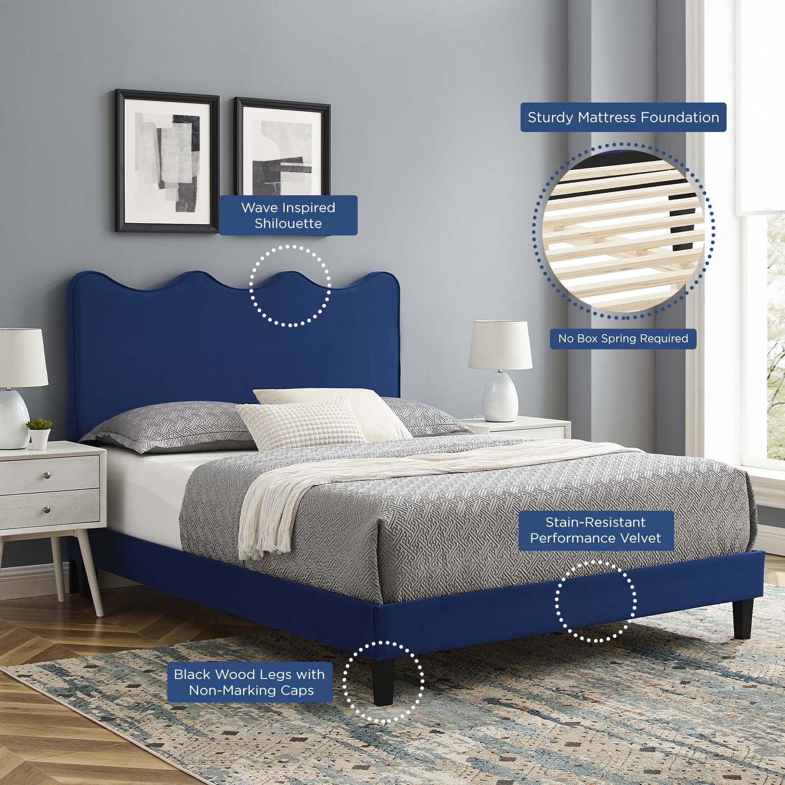 Platform Bed Frame, Twin Size, Blue Navy, Velvet, Modern Contemporary, Bedroom Master Guest Suite Room