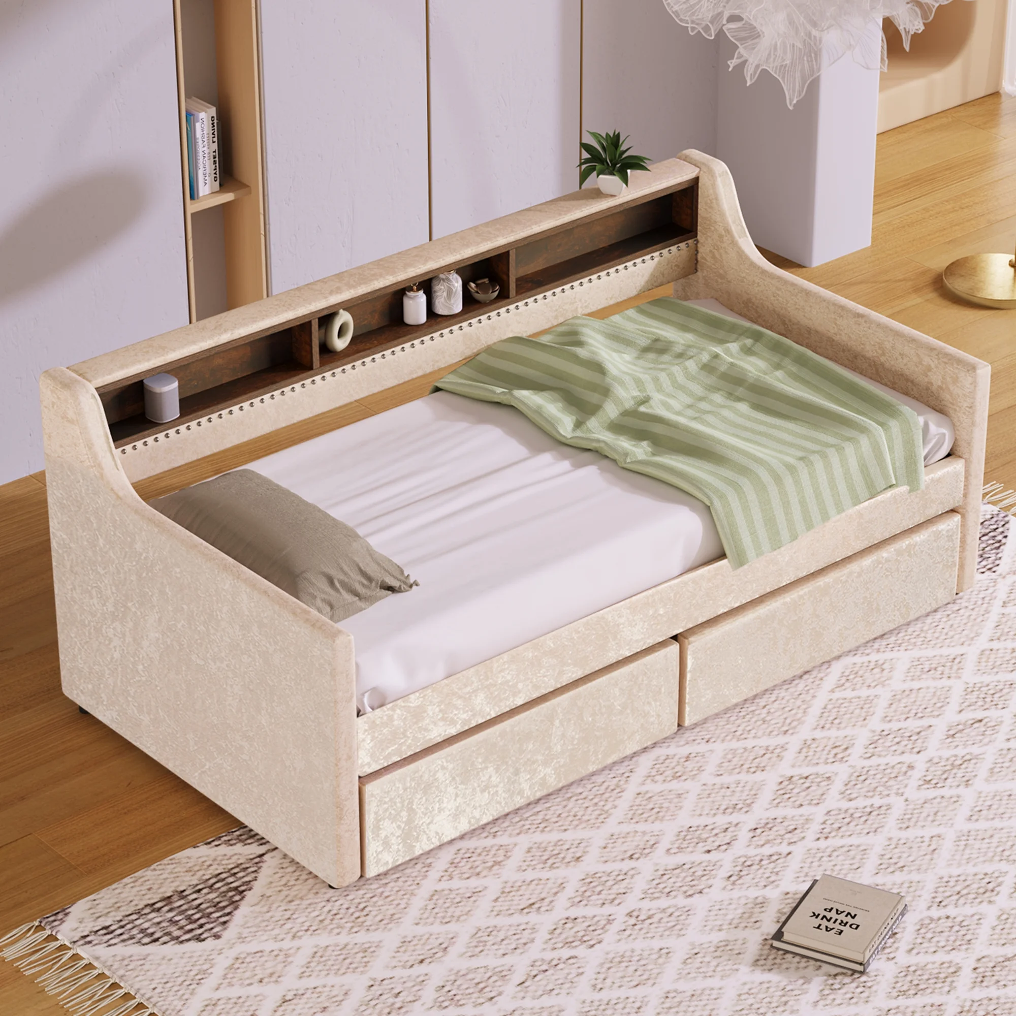 CoSoTower Twin Size Snowflake Velvet Daybed with Two Storage Drawers and Built-In Storage Shelves,Beige