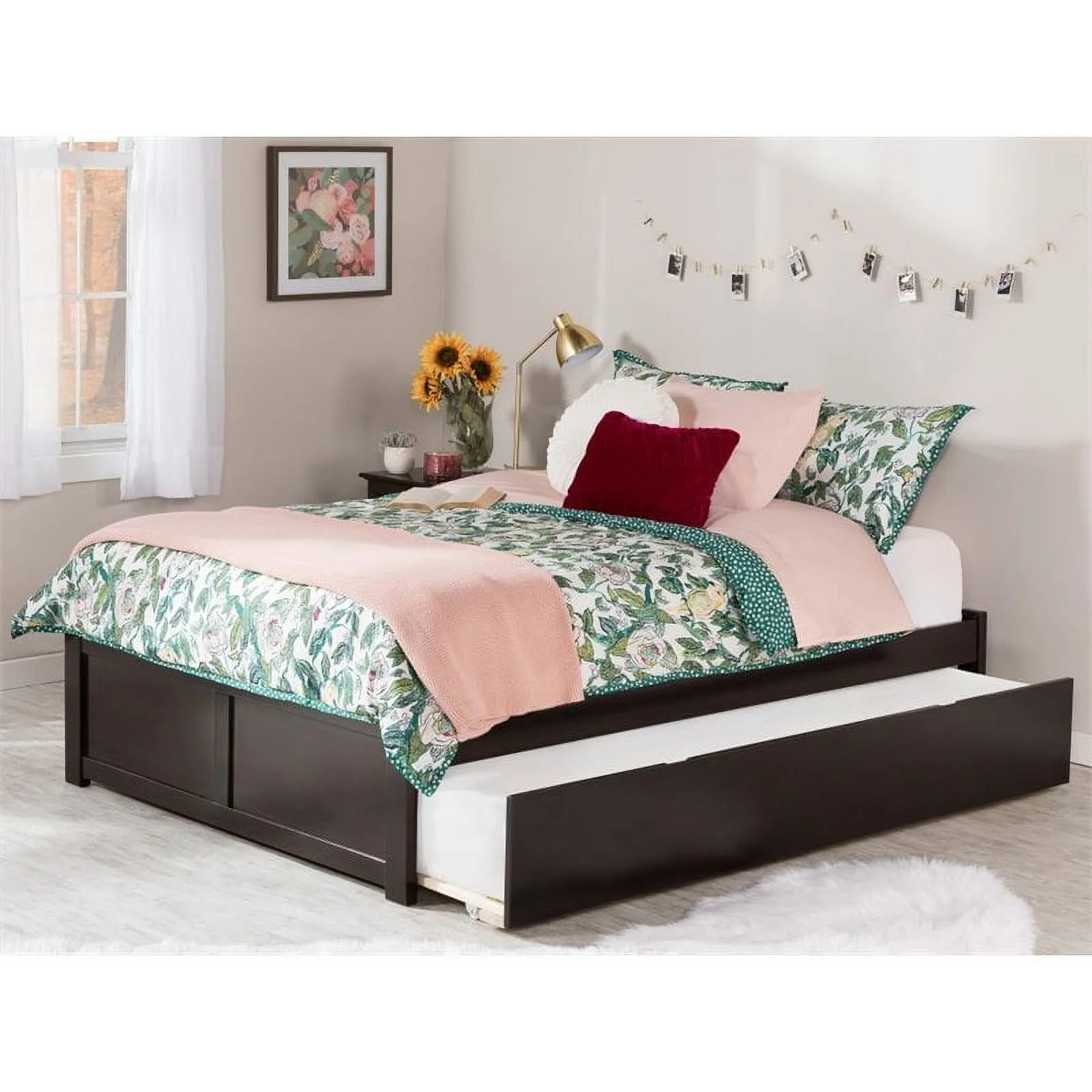 Bowery Hill Solid Wood Platform Full Panel Bed with Trundle in Espresso