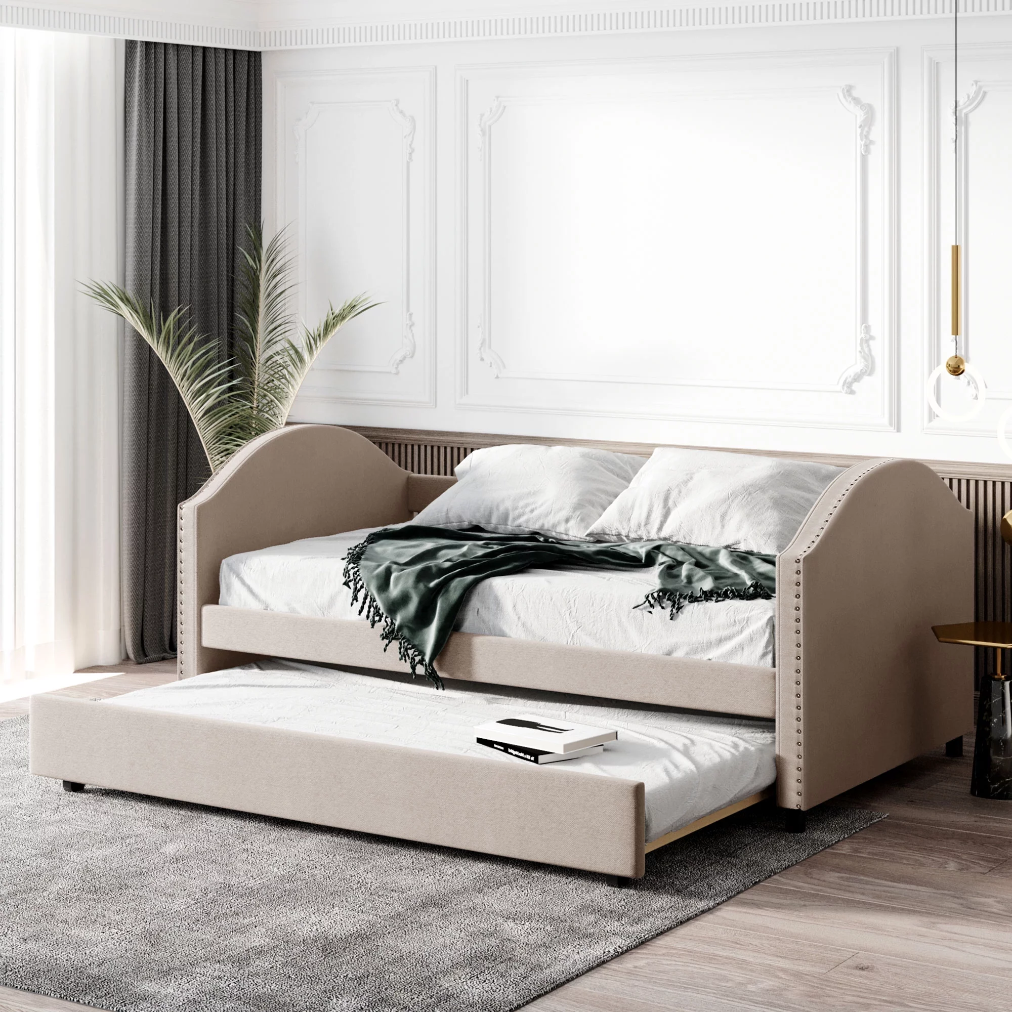 CoSoTower Full Size Upholstered Daybed with Twin Size Trundle, Wood Slat Support, Beige
