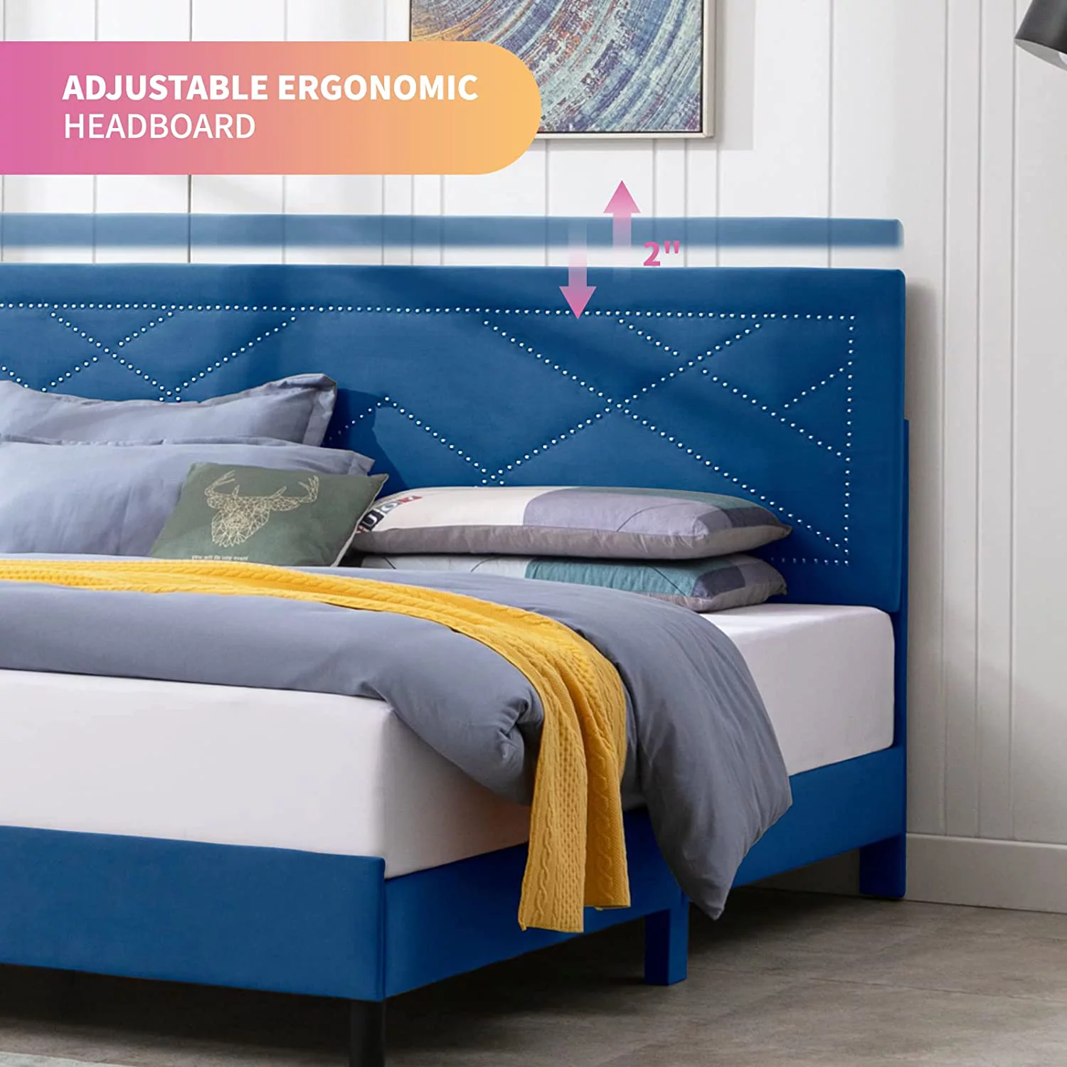 Mixoy King Bed Frame with High Headboard, Upholstered Platform Bed with Rivet Design, Wood Slat Support, Easy Assembly (King, Blue)