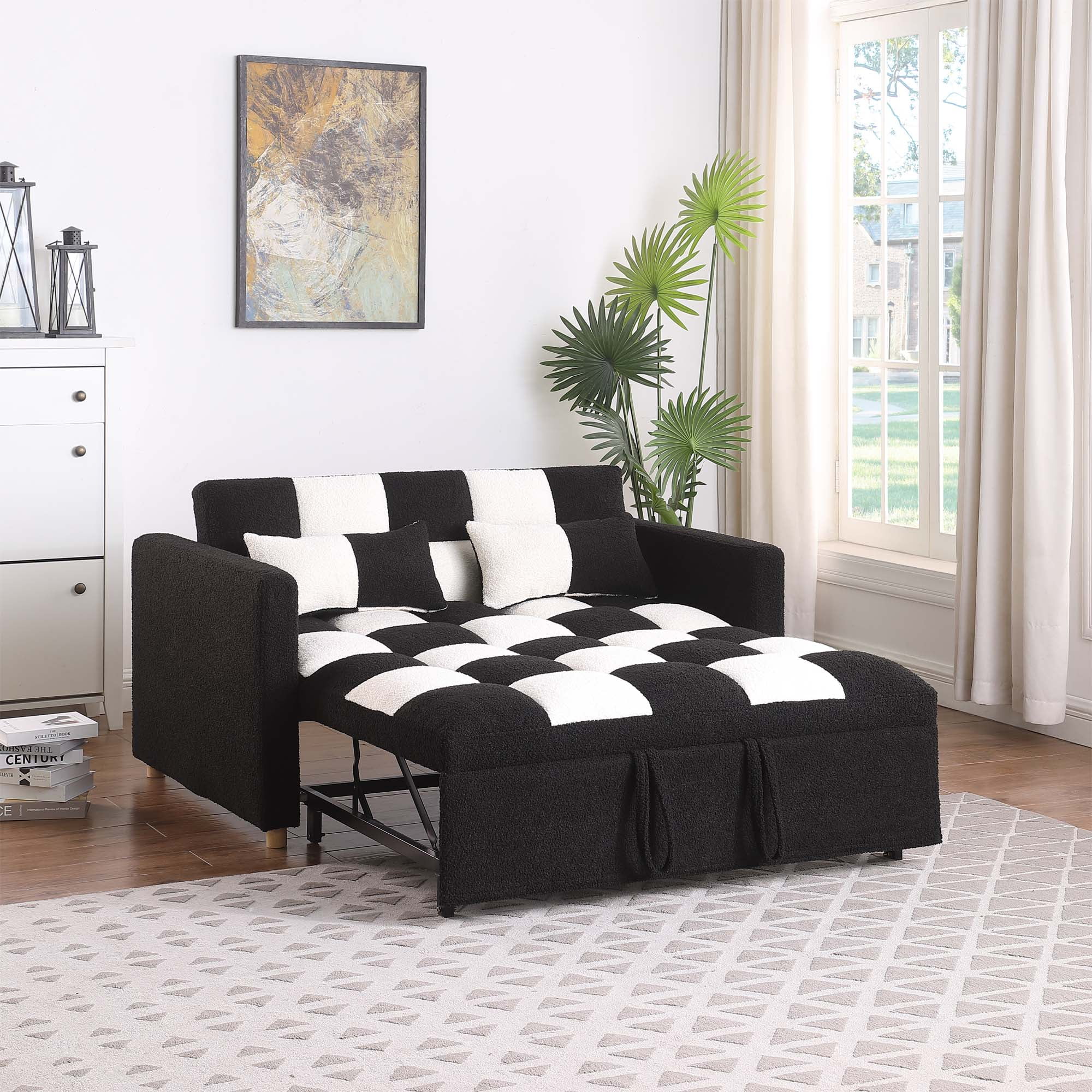 Zechuan 3 in 1 Pull Sleeper Sofa Bed, Small Teddy Convertible Futon Couch Bed with Adjustable Backrests, Modern Loveseat with 2 Pillows, Small Love Seat for Living Room, Guest Room, for Small Space